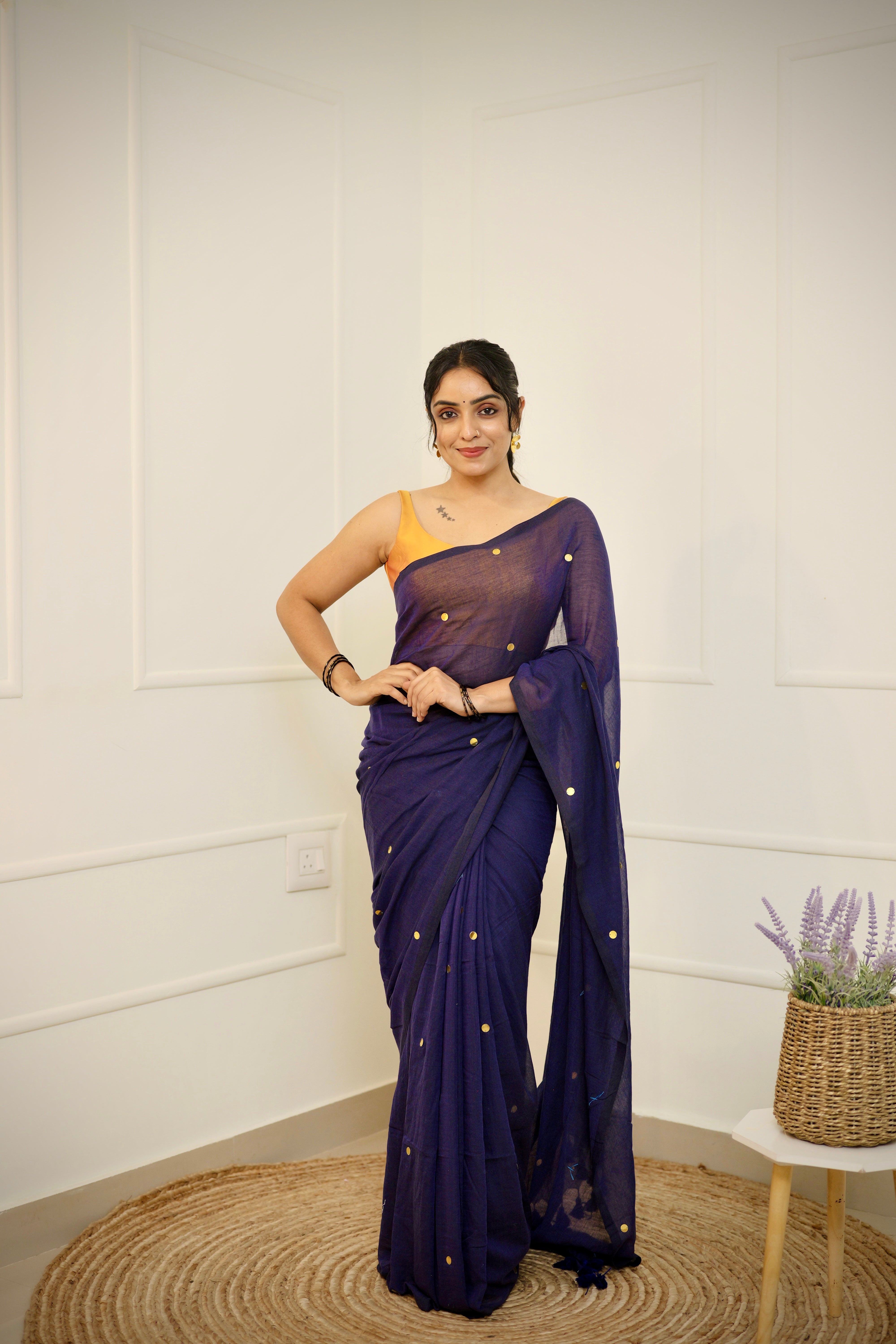 Raagini – Midnight Blue Mul Cotton Saree with Round Sequins
