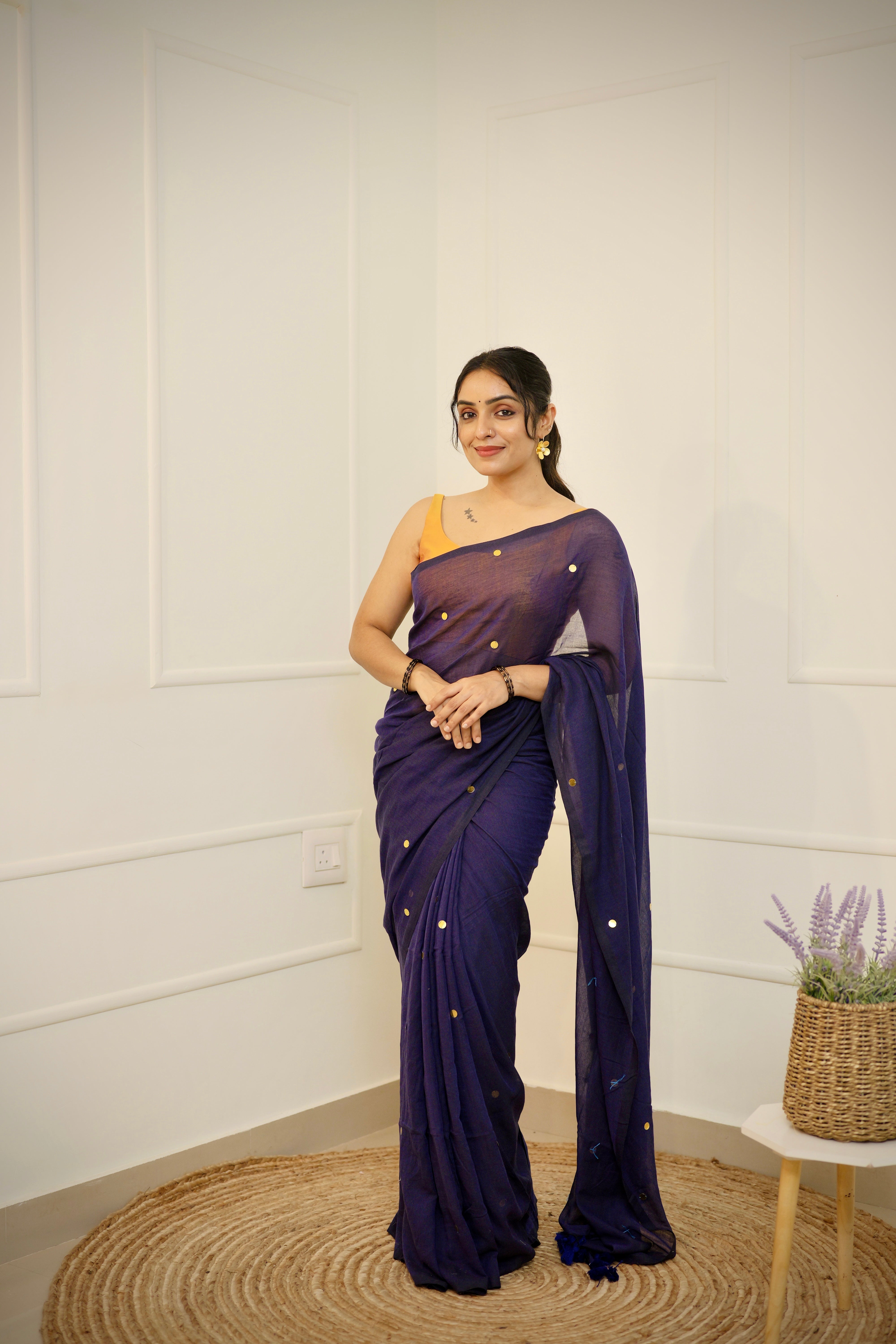 Raagini – Midnight Blue Mul Cotton Saree with Round Sequins