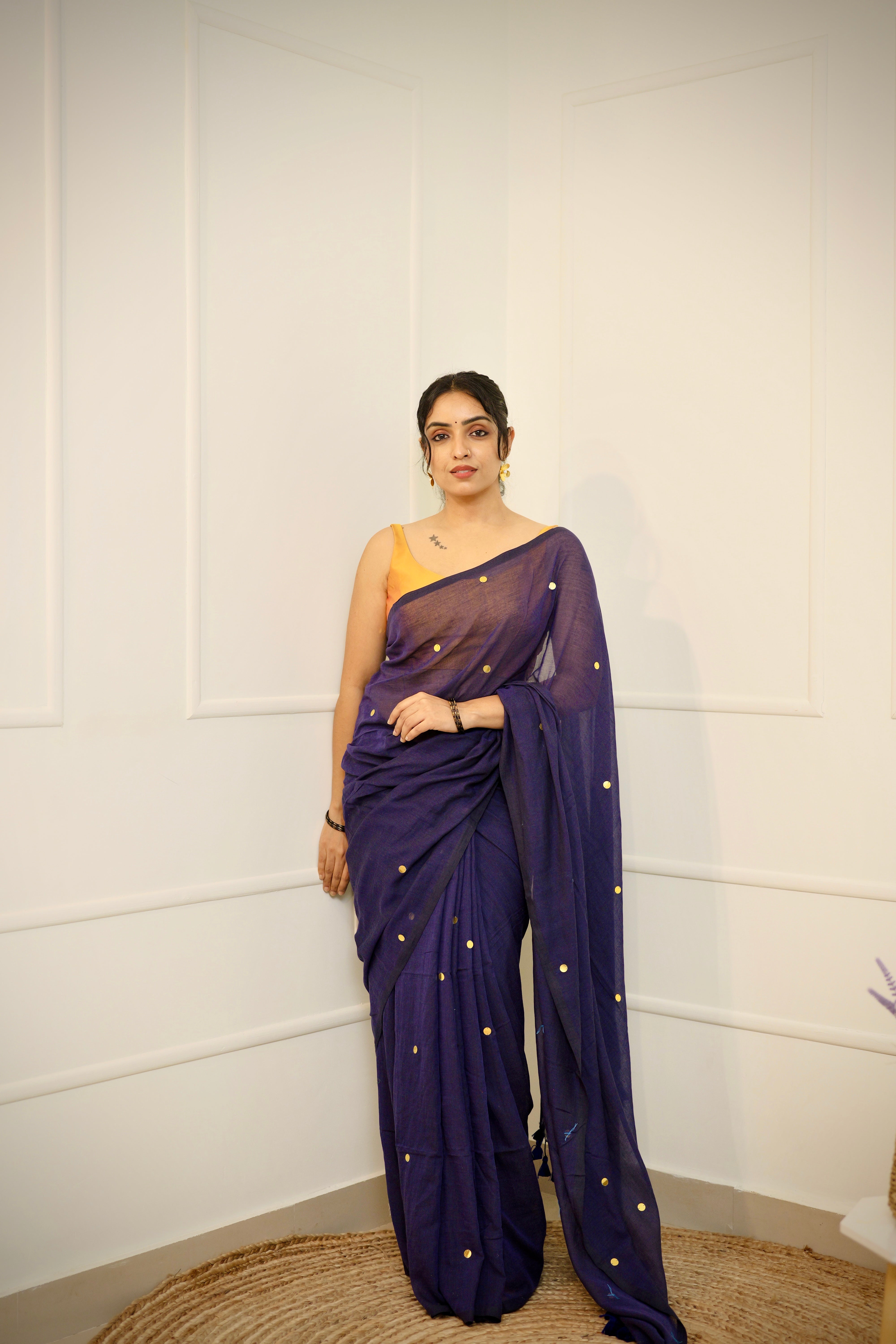 Raagini – Midnight Blue Mul Cotton Saree with Round Sequins