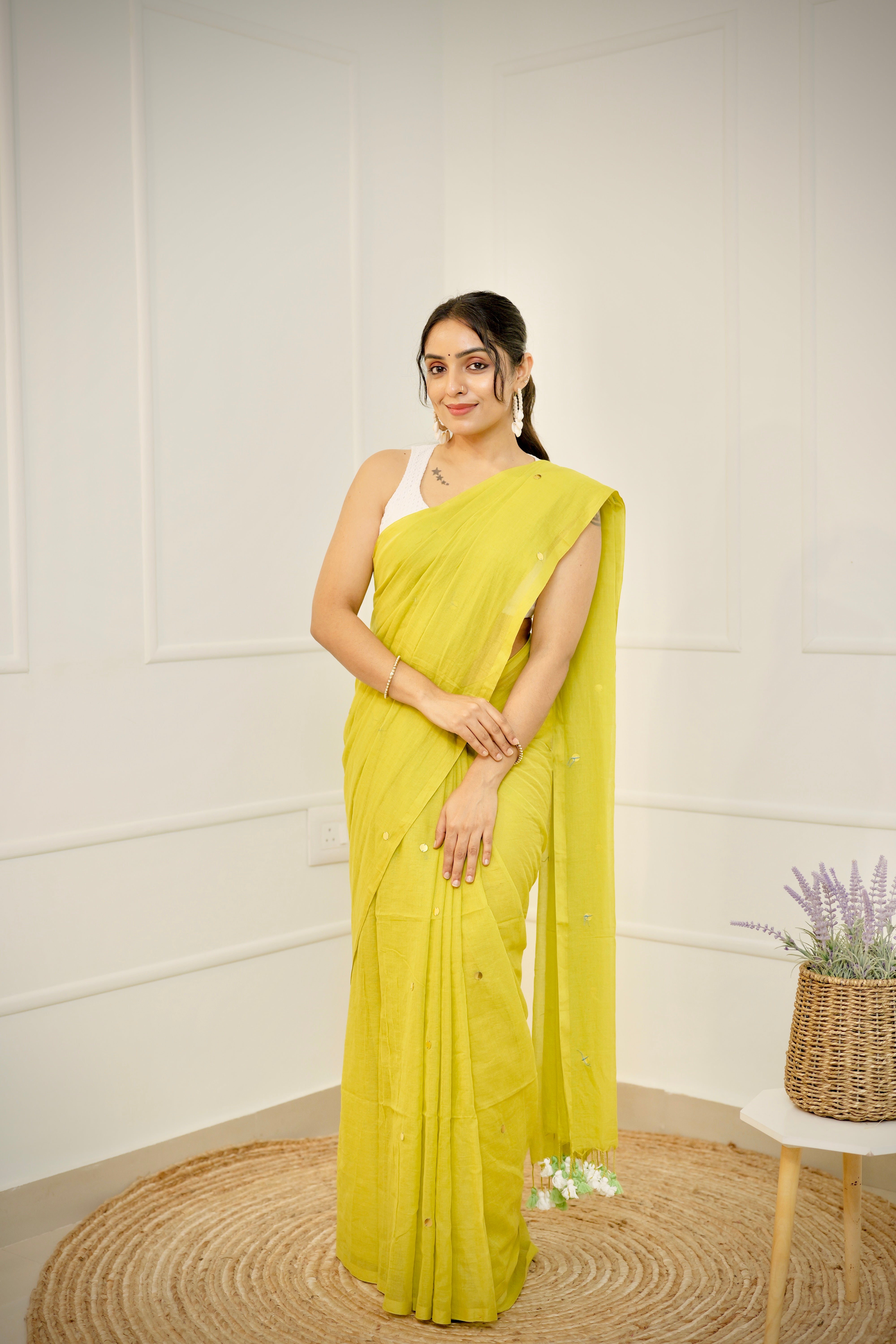 Vanalata – Warm Green Mul Cotton Saree with Round Sequins