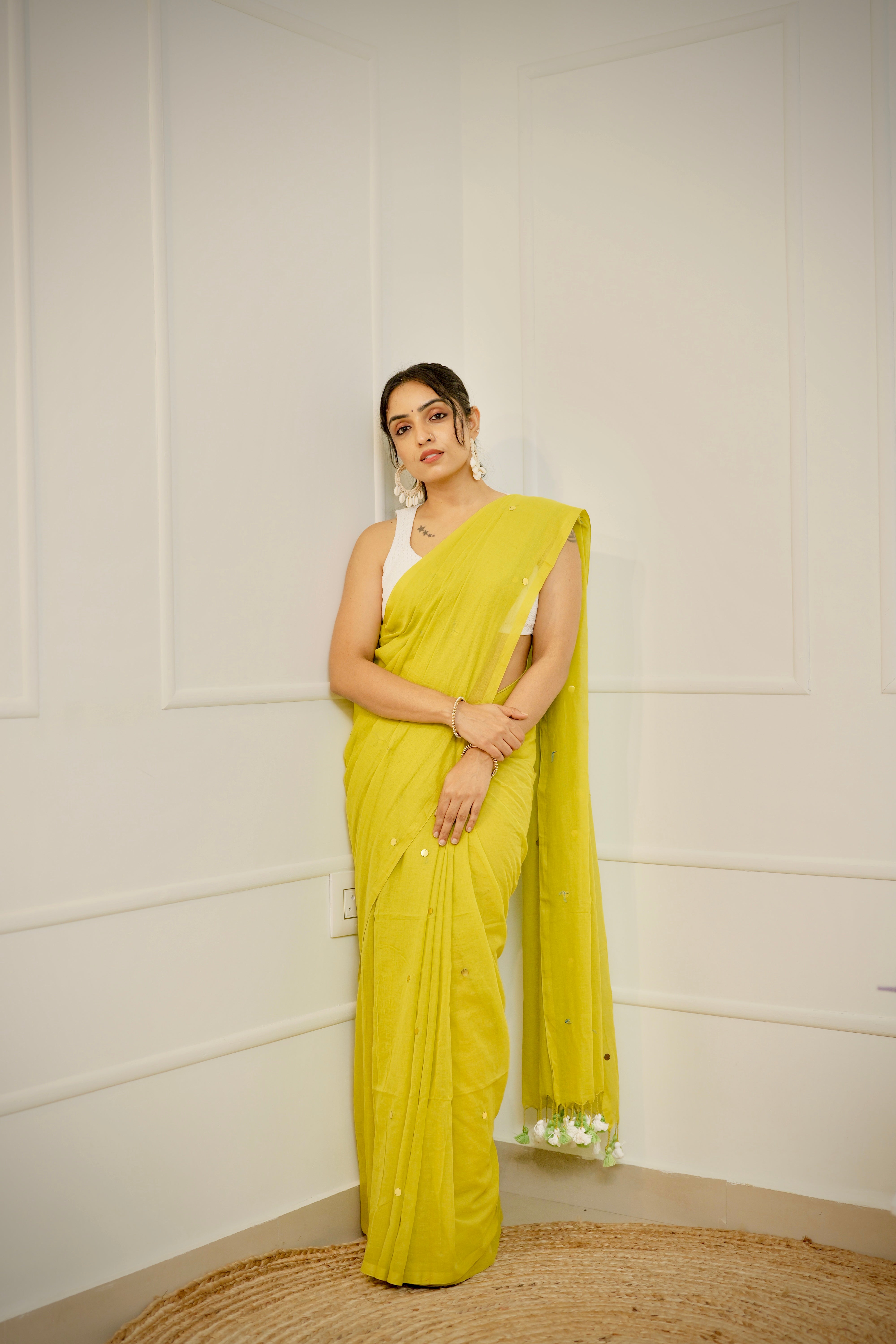 Vanalata – Warm Green Mul Cotton Saree with Round Sequins