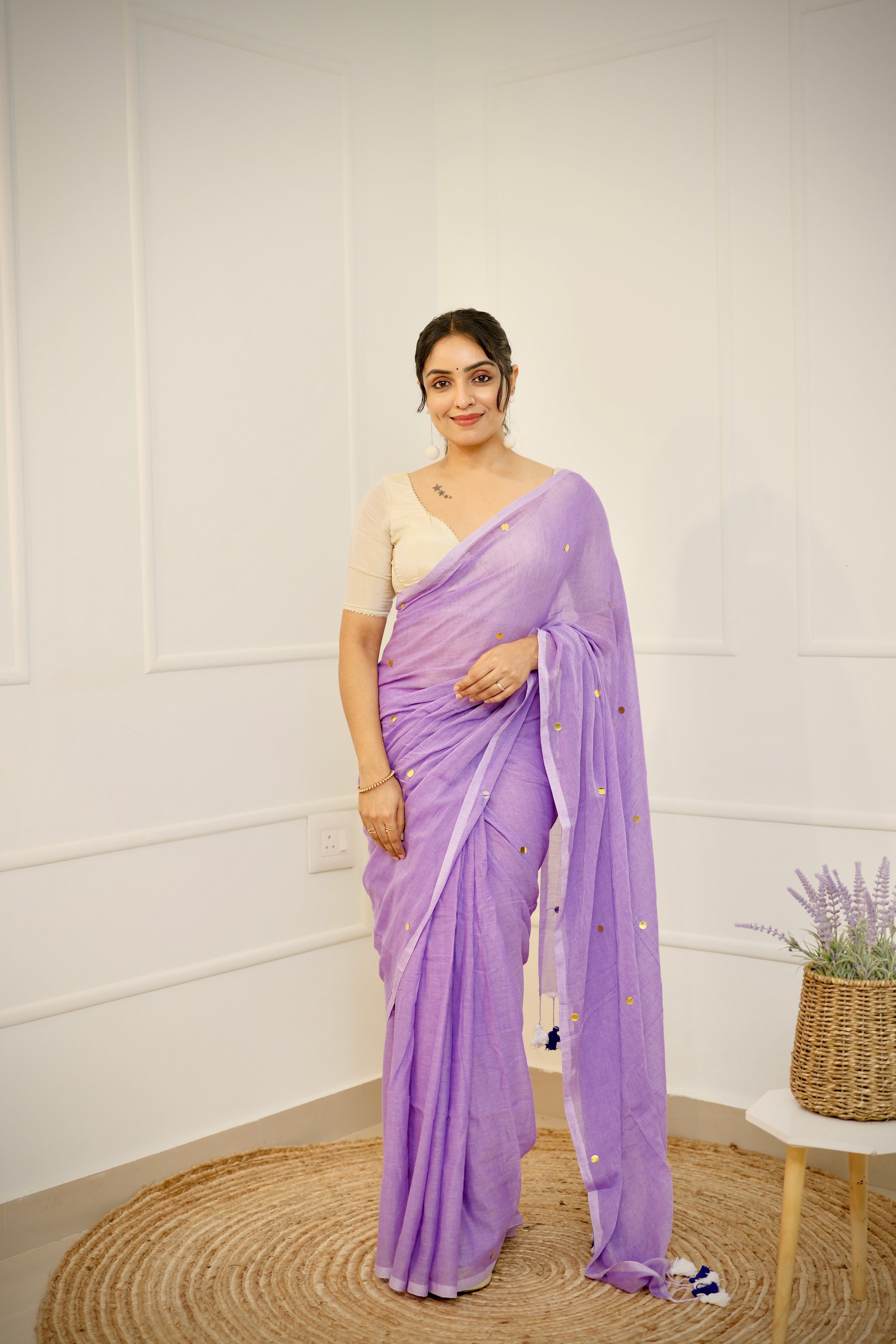 Lavanya – Lavender Mul Cotton Saree with Round Sequins