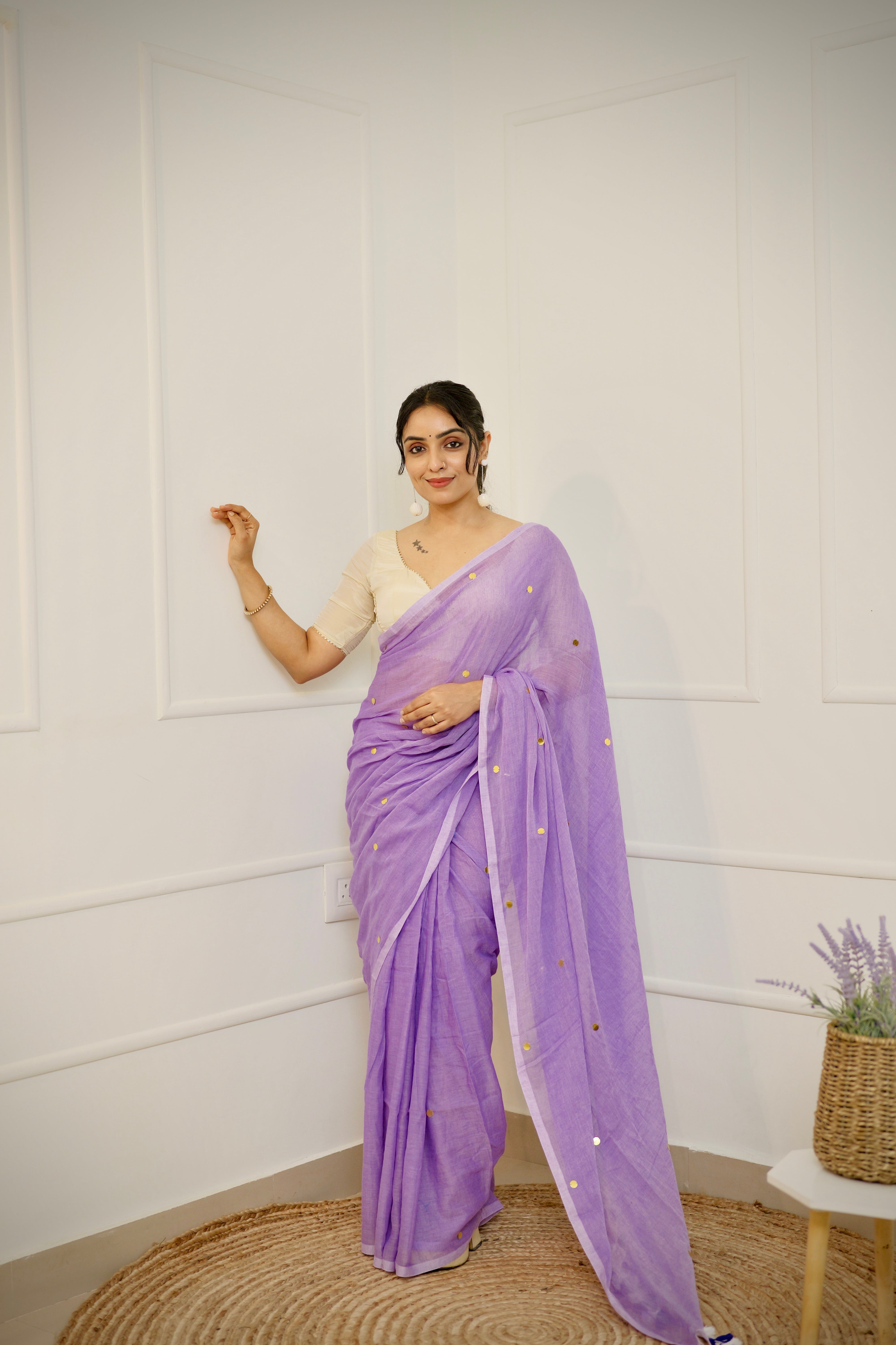 Lavanya – Lavender Mul Cotton Saree with Round Sequins