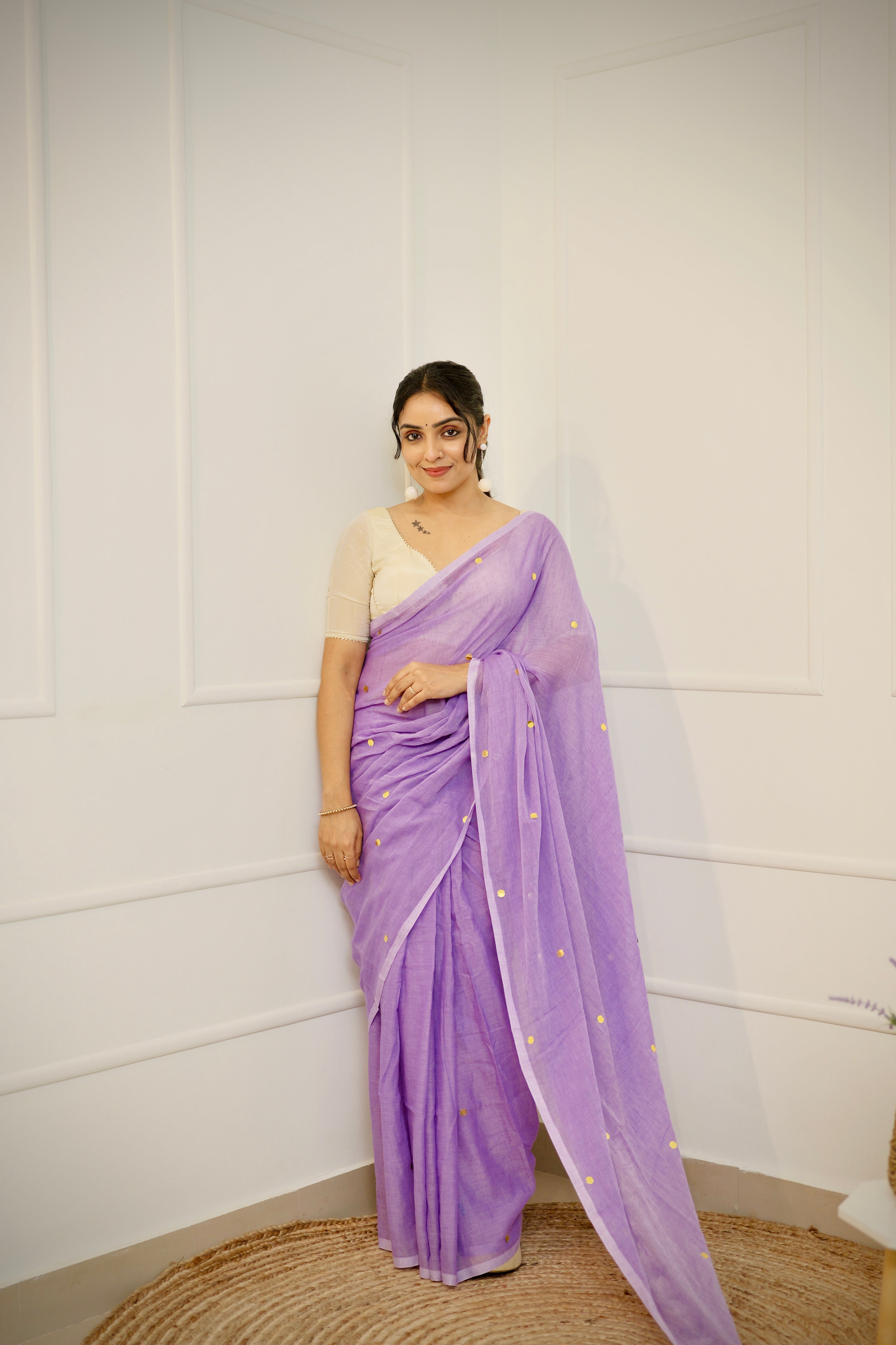 Lavanya – Lavender Mul Cotton Saree with Round Sequins