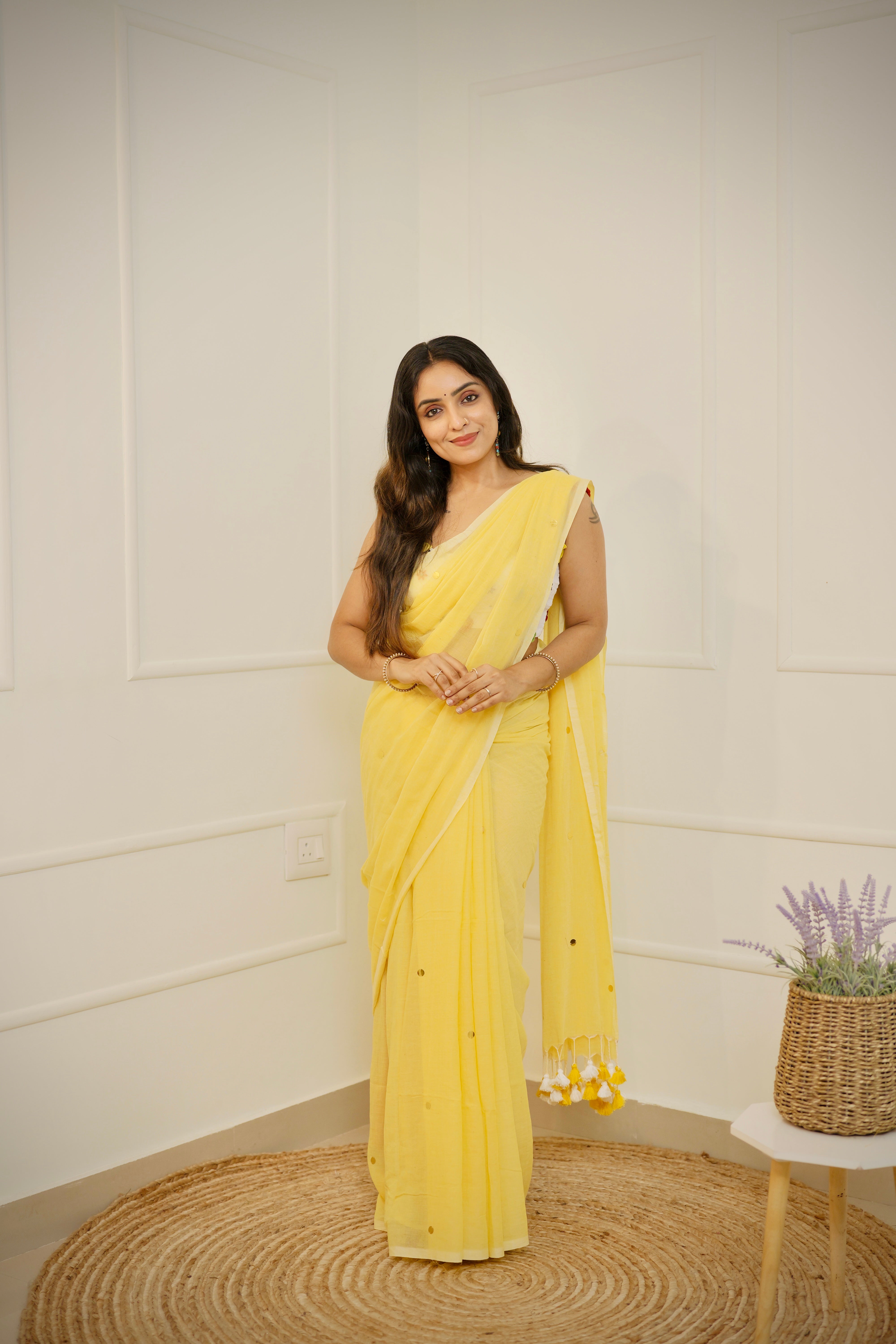 Halika – Haldi Yellow Mul Cotton Saree with Round Sequins