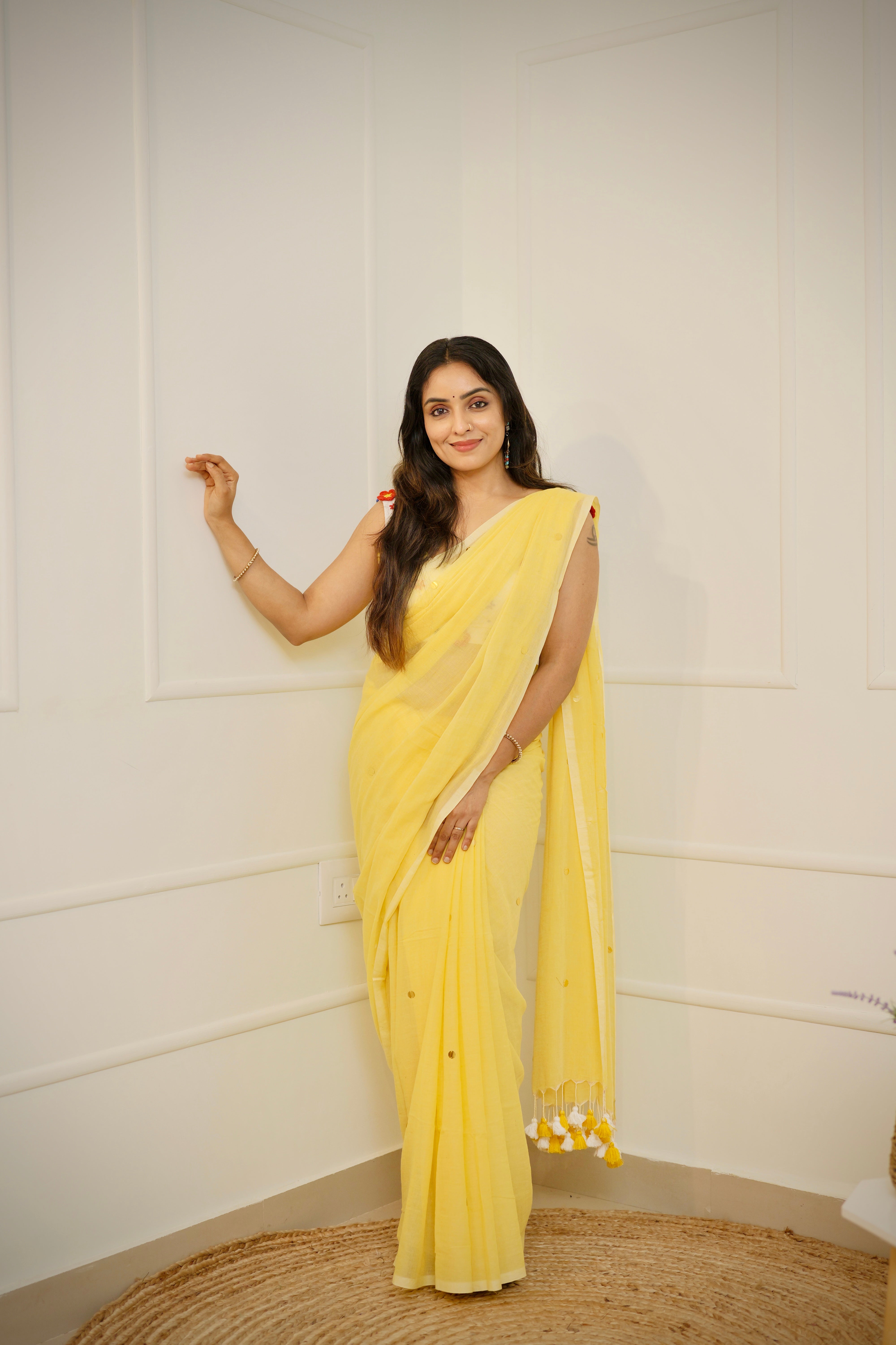 Halika – Haldi Yellow Mul Cotton Saree with Round Sequins