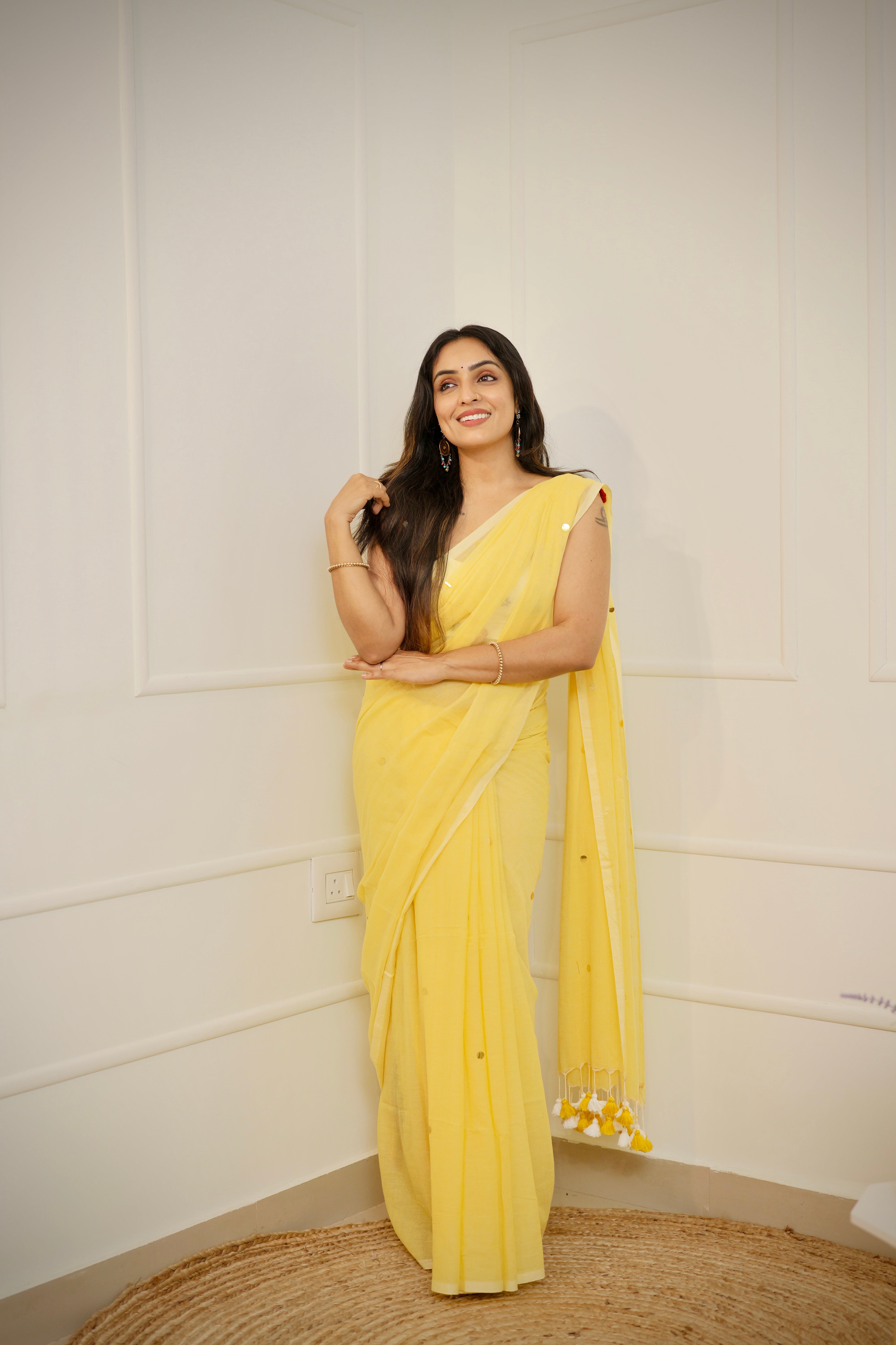 Halika – Haldi Yellow Mul Cotton Saree with Round Sequins