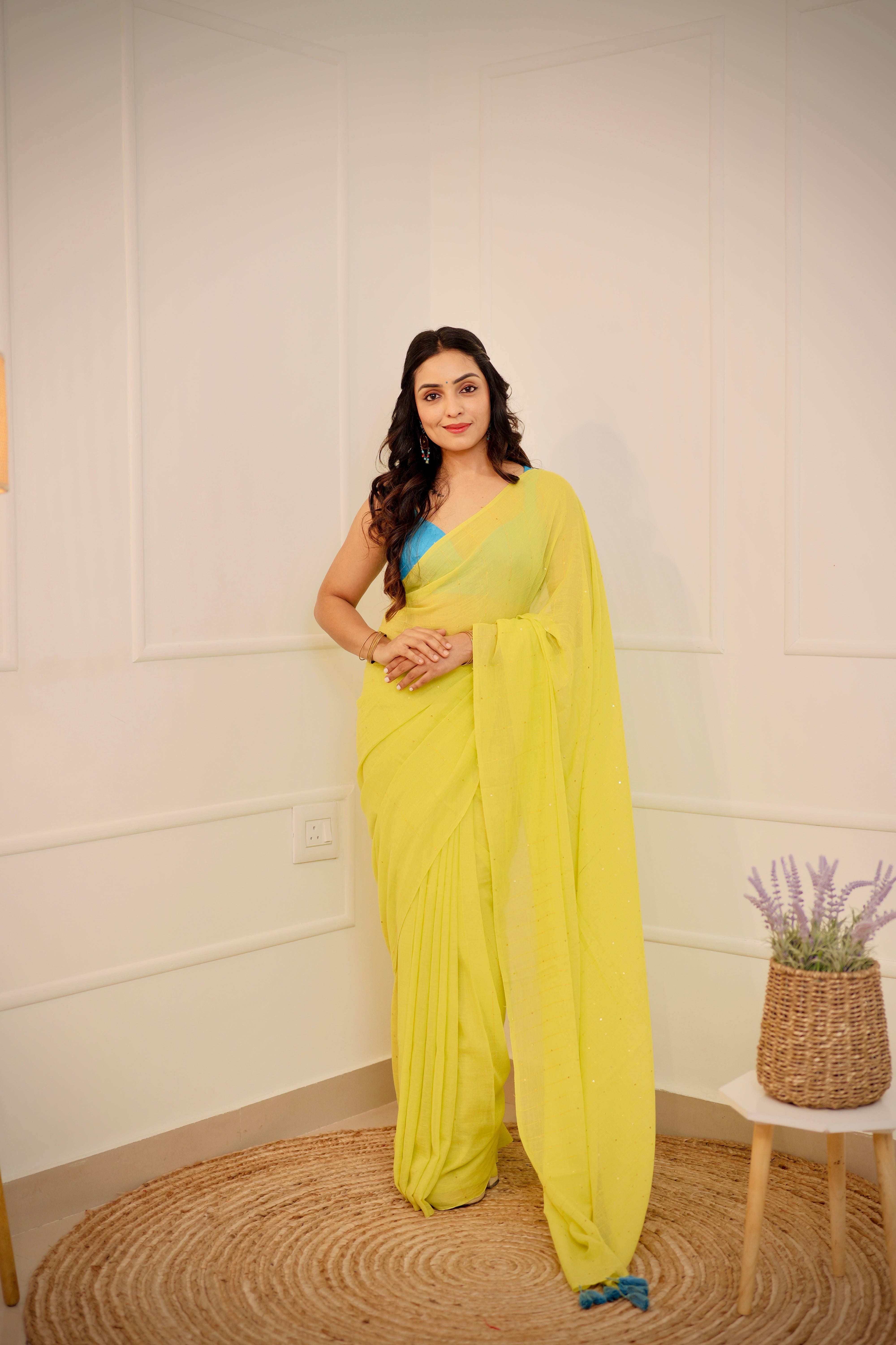 Neon Green Mul Cotton Saree with Round Sequins