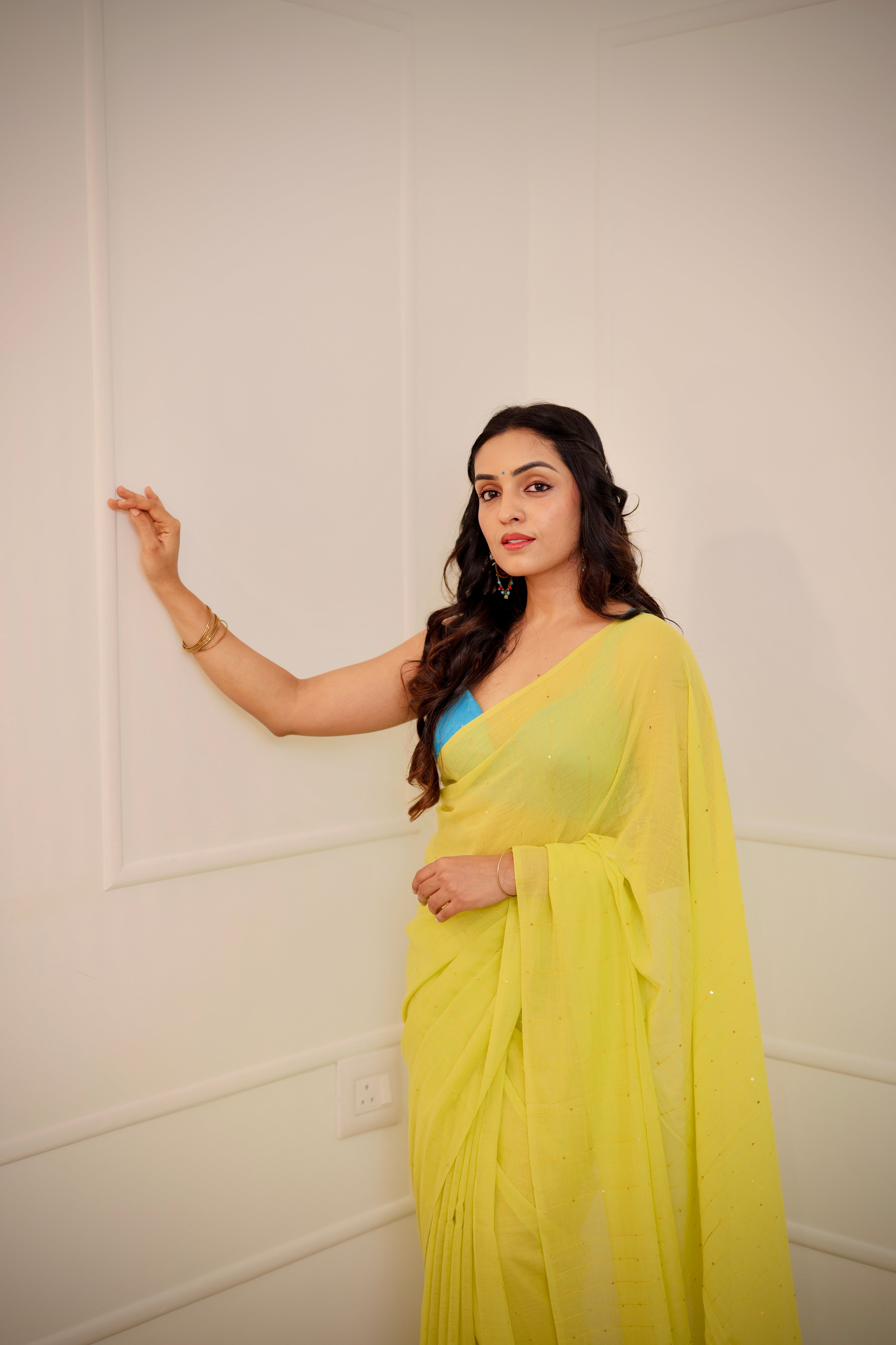 Neon Green Mul Cotton Saree with Round Sequins