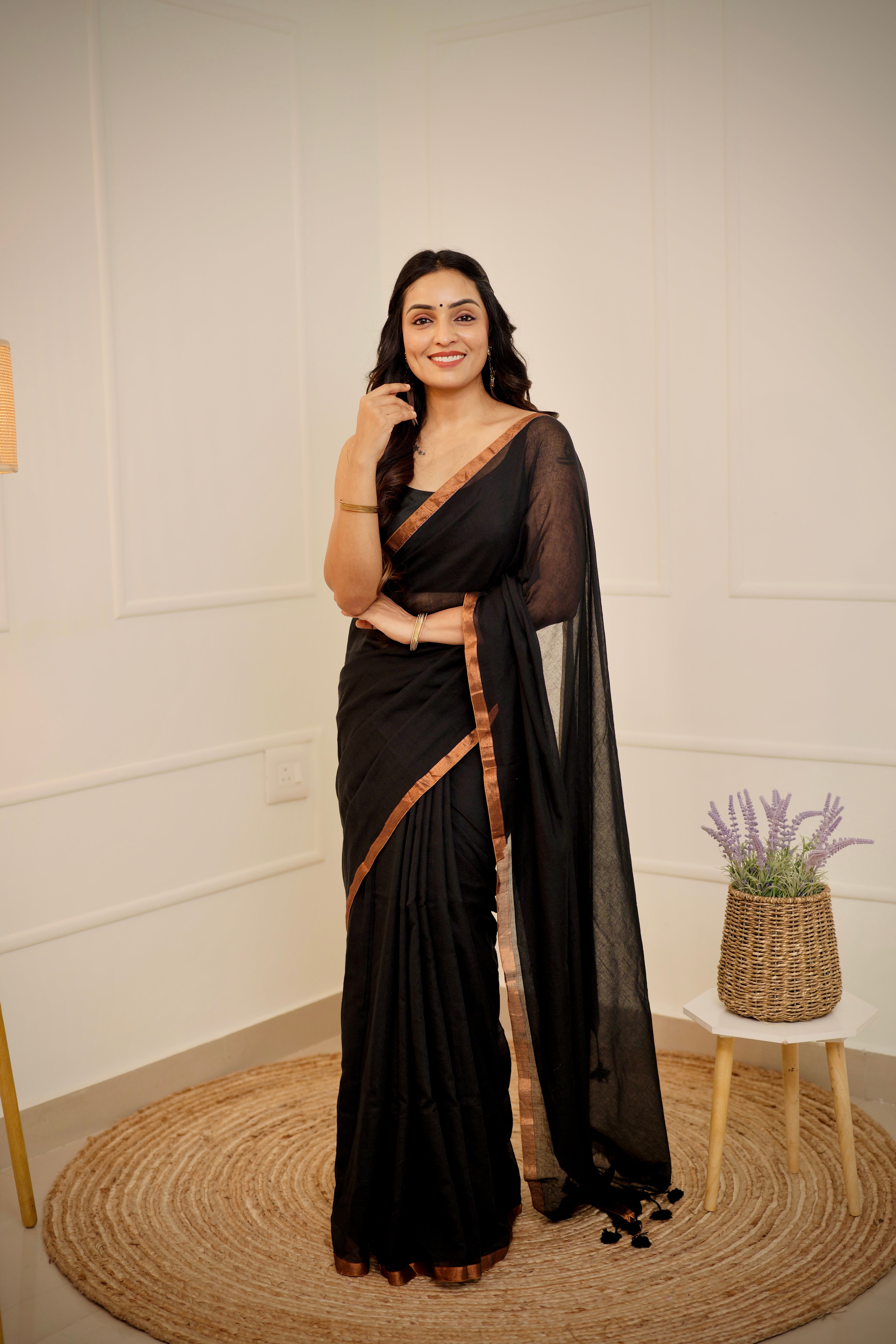 Maaya – Jet Black Mul Cotton Saree with Copper Zari Border