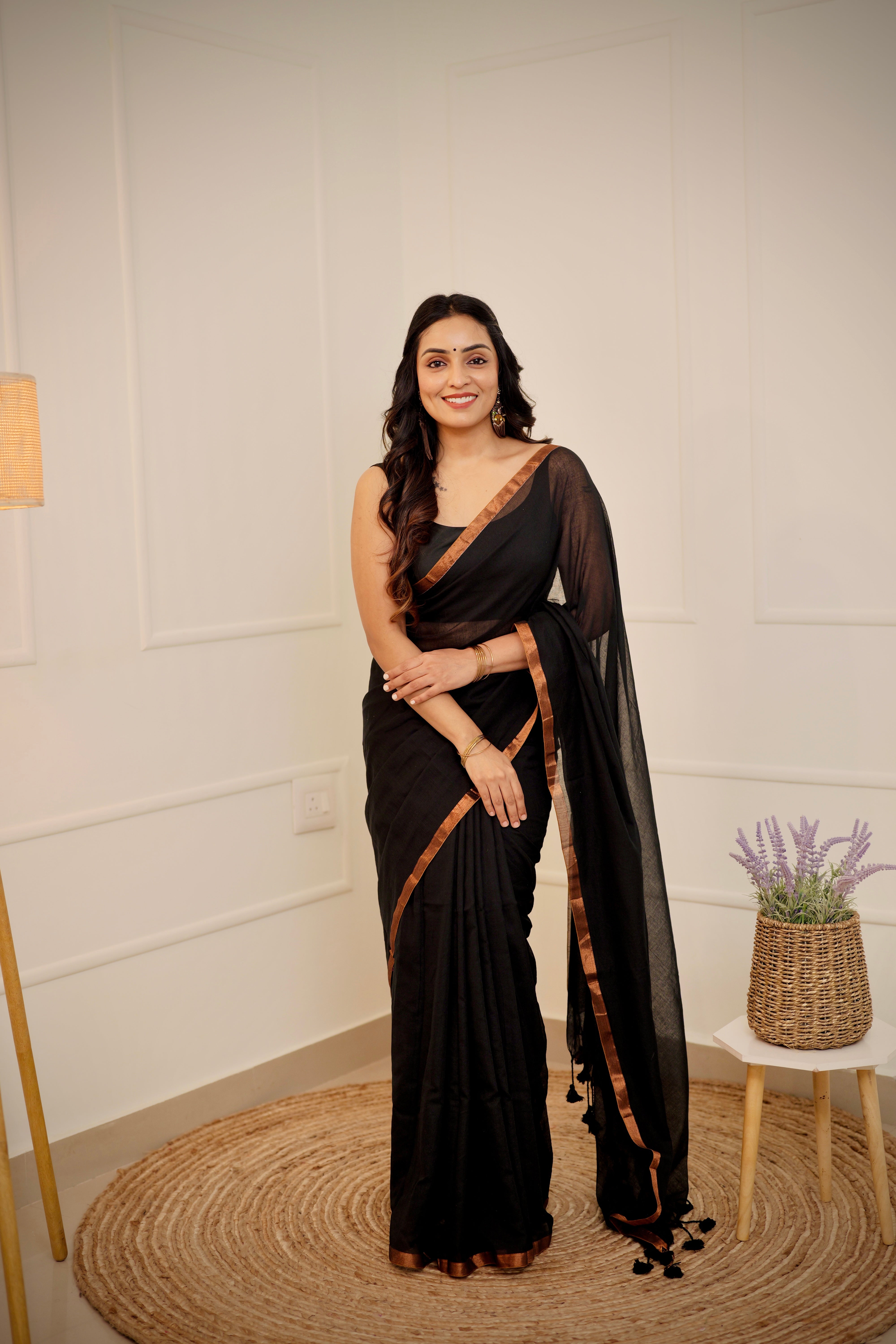 Maaya – Jet Black Mul Cotton Saree with Copper Zari Border