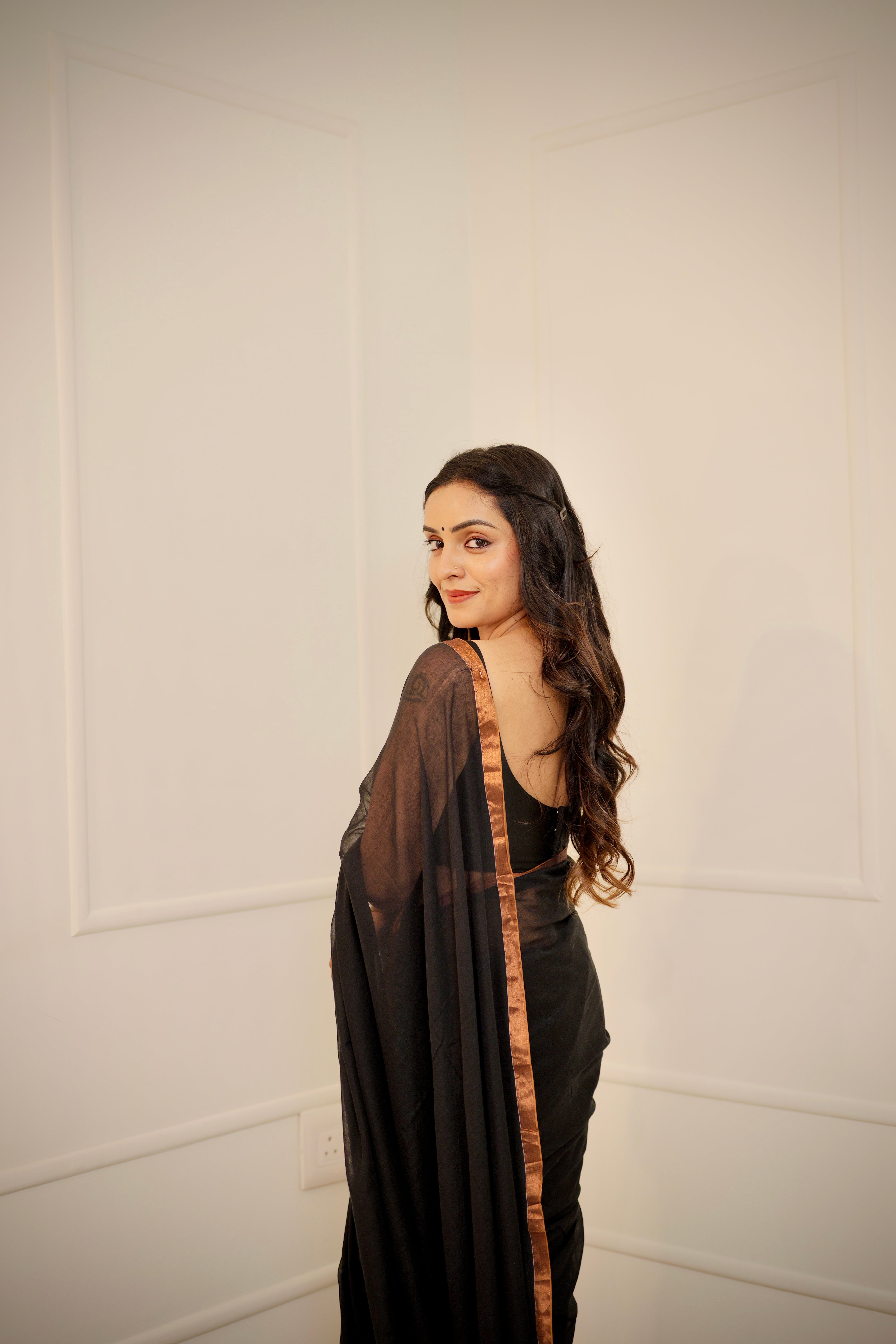 Maaya – Jet Black Mul Cotton Saree with Copper Zari Border