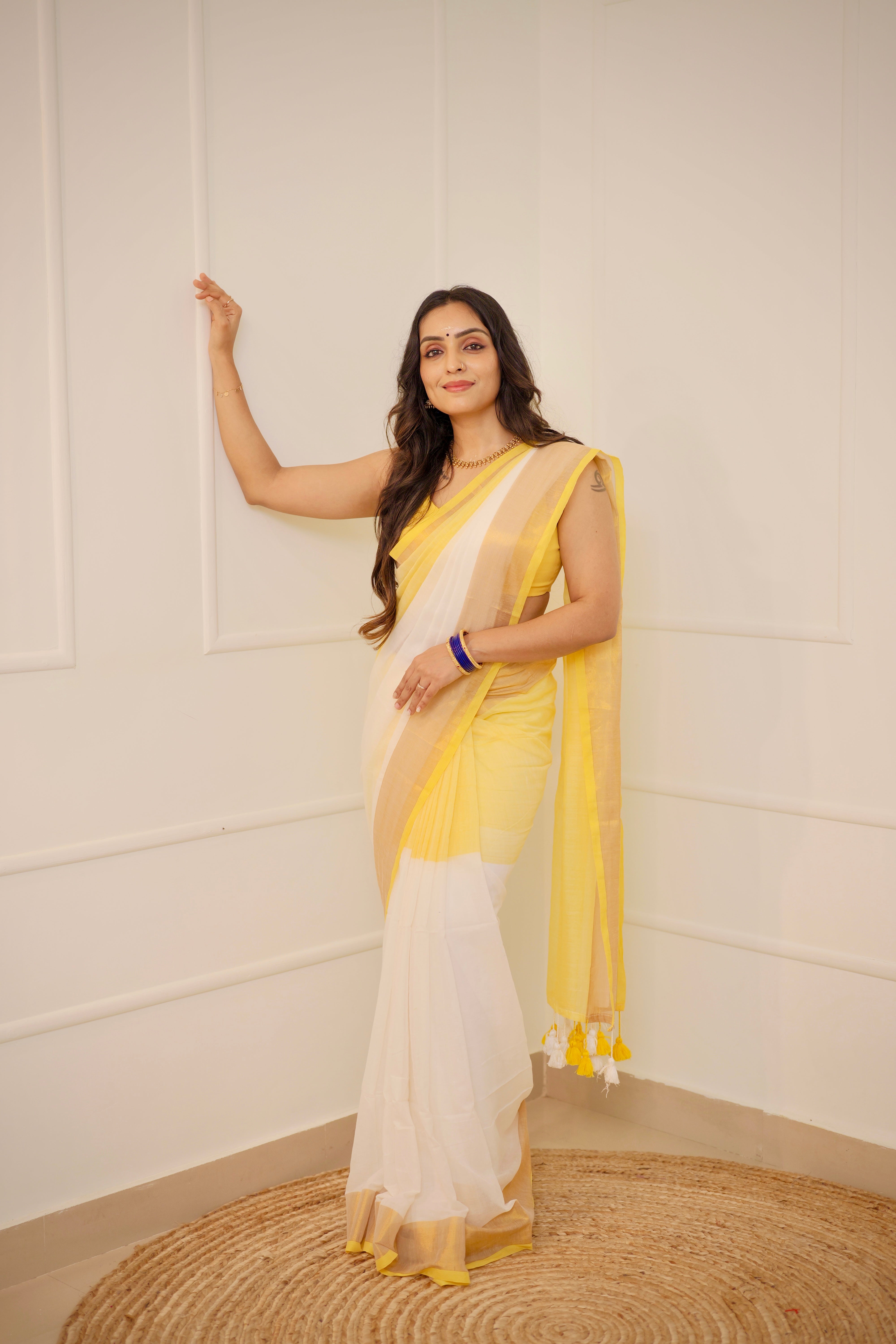 Yellow & White Mul Mul Cotton Kasavu Saree