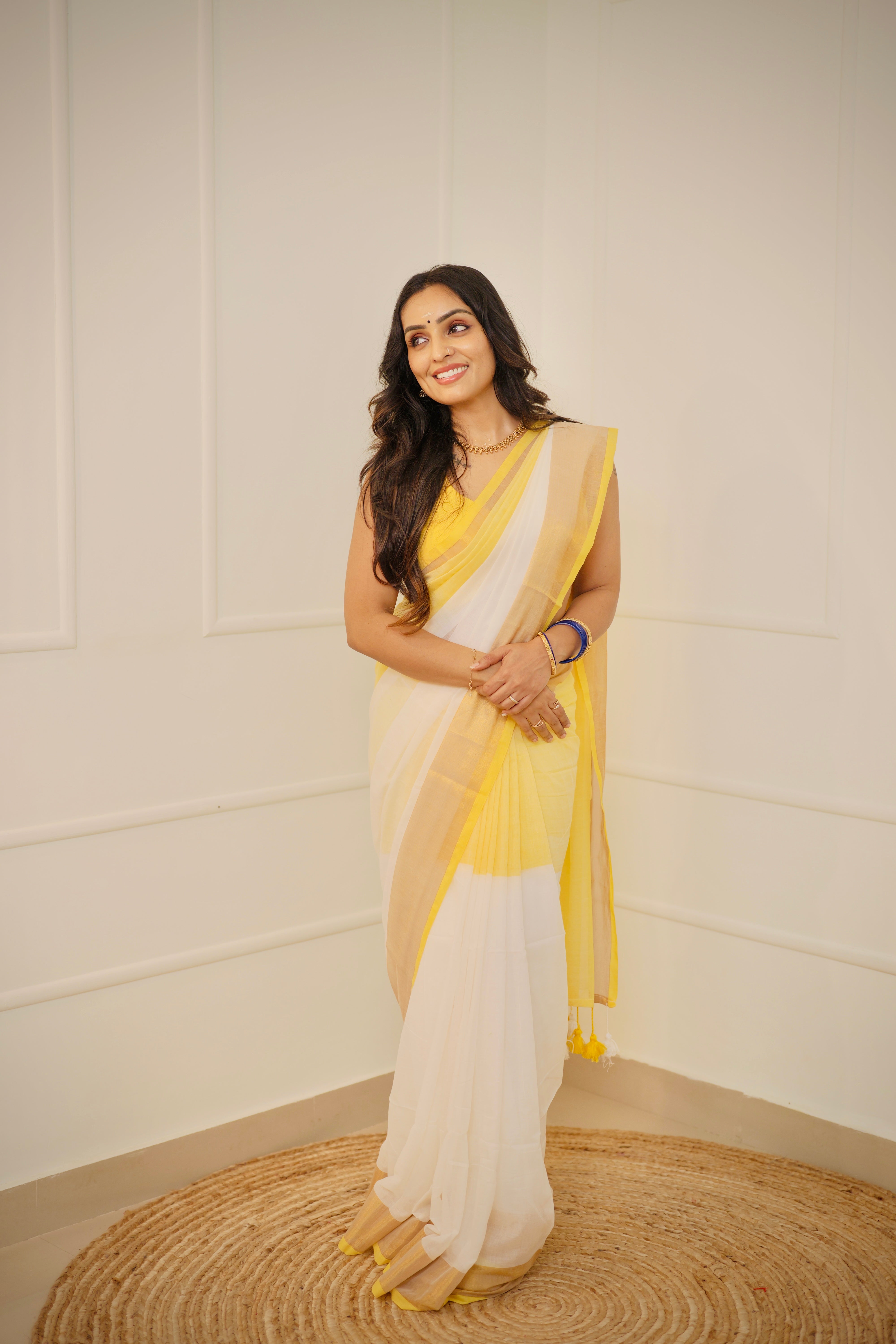 Yellow & White Mul Mul Cotton Kasavu Saree