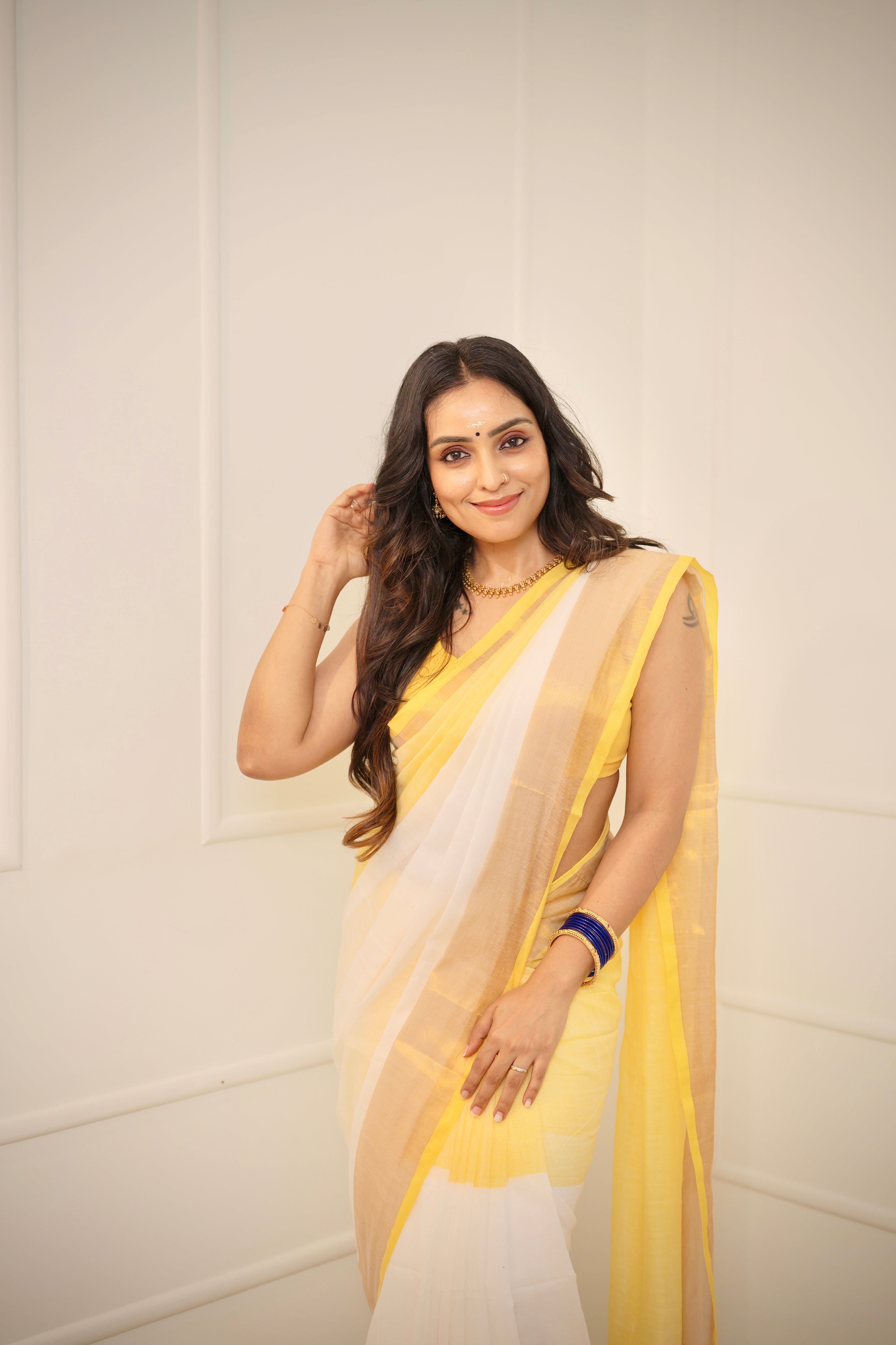 Yellow & White Mul Mul Cotton Kasavu Saree