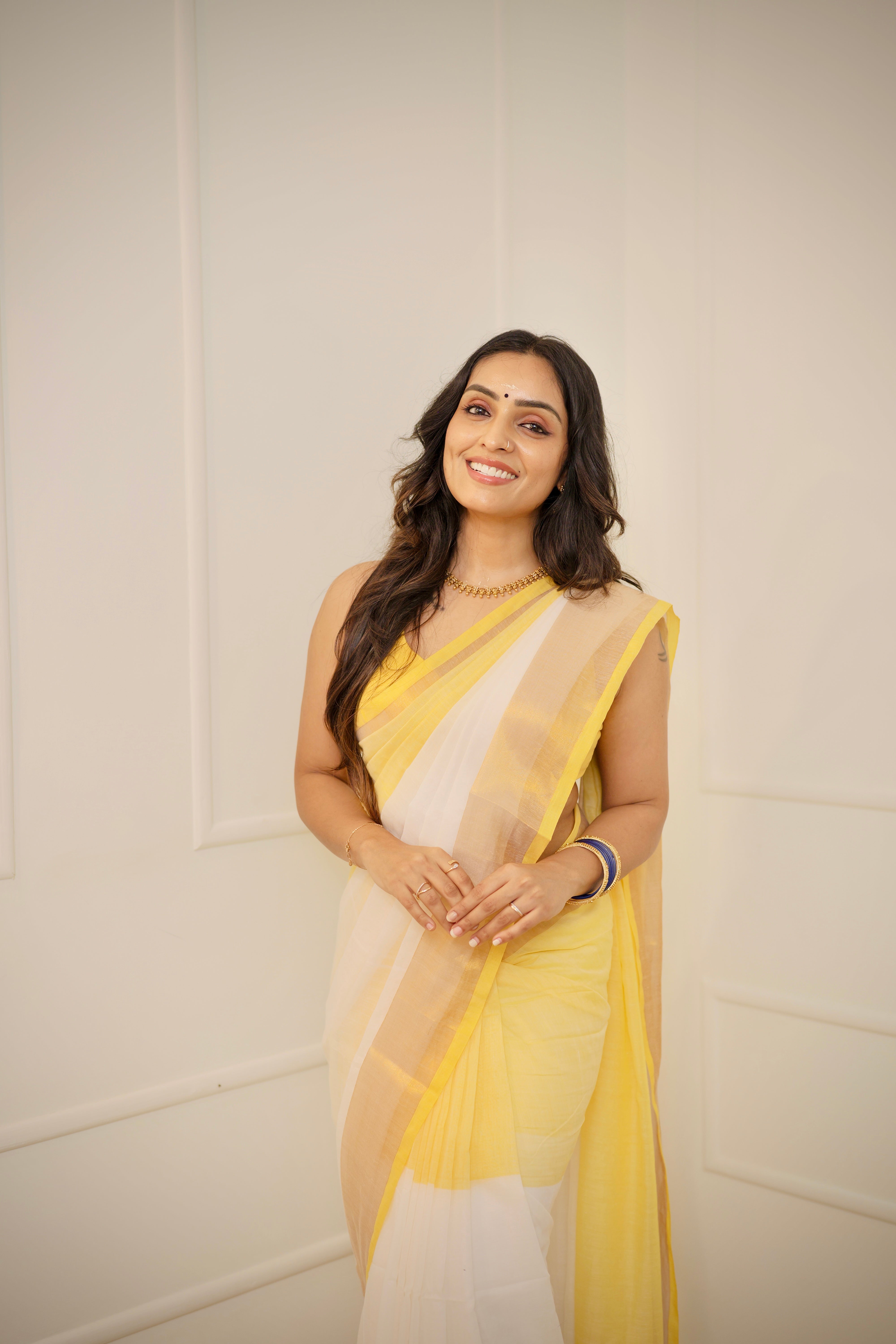 Yellow & White Mul Mul Cotton Kasavu Saree