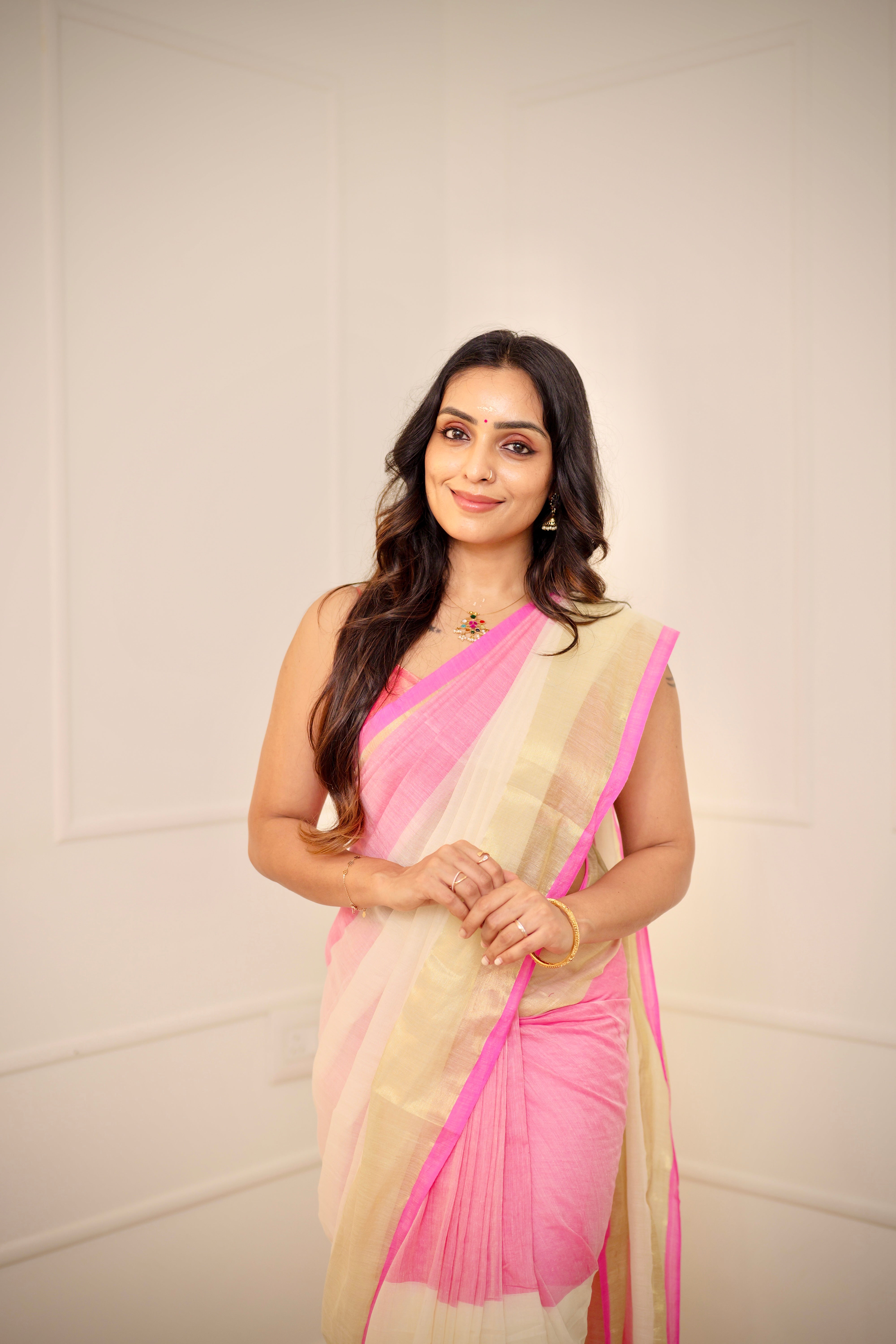 Pink & White Mul Mul Cotton Kasavu Saree