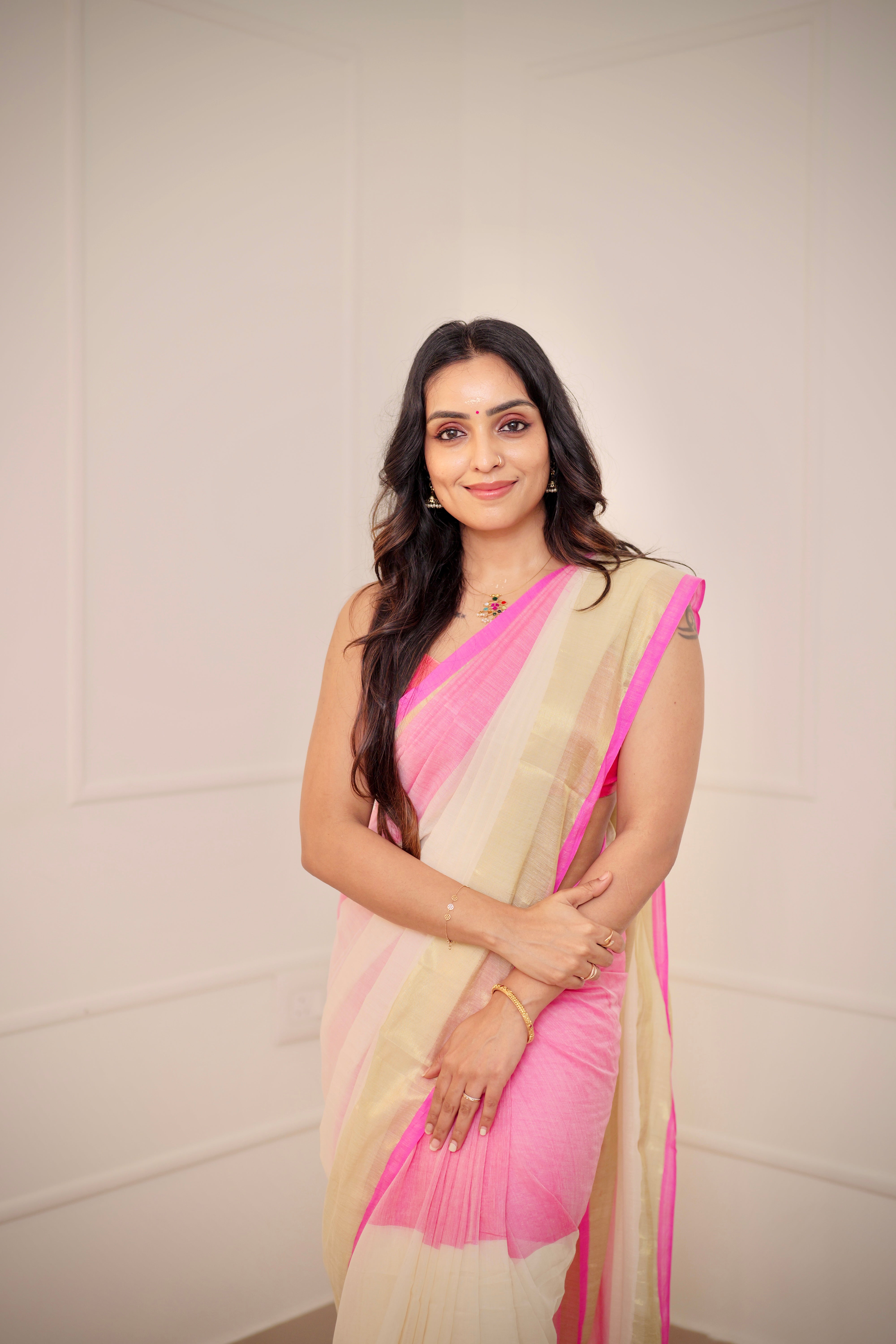 Pink & White Mul Mul Cotton Kasavu Saree