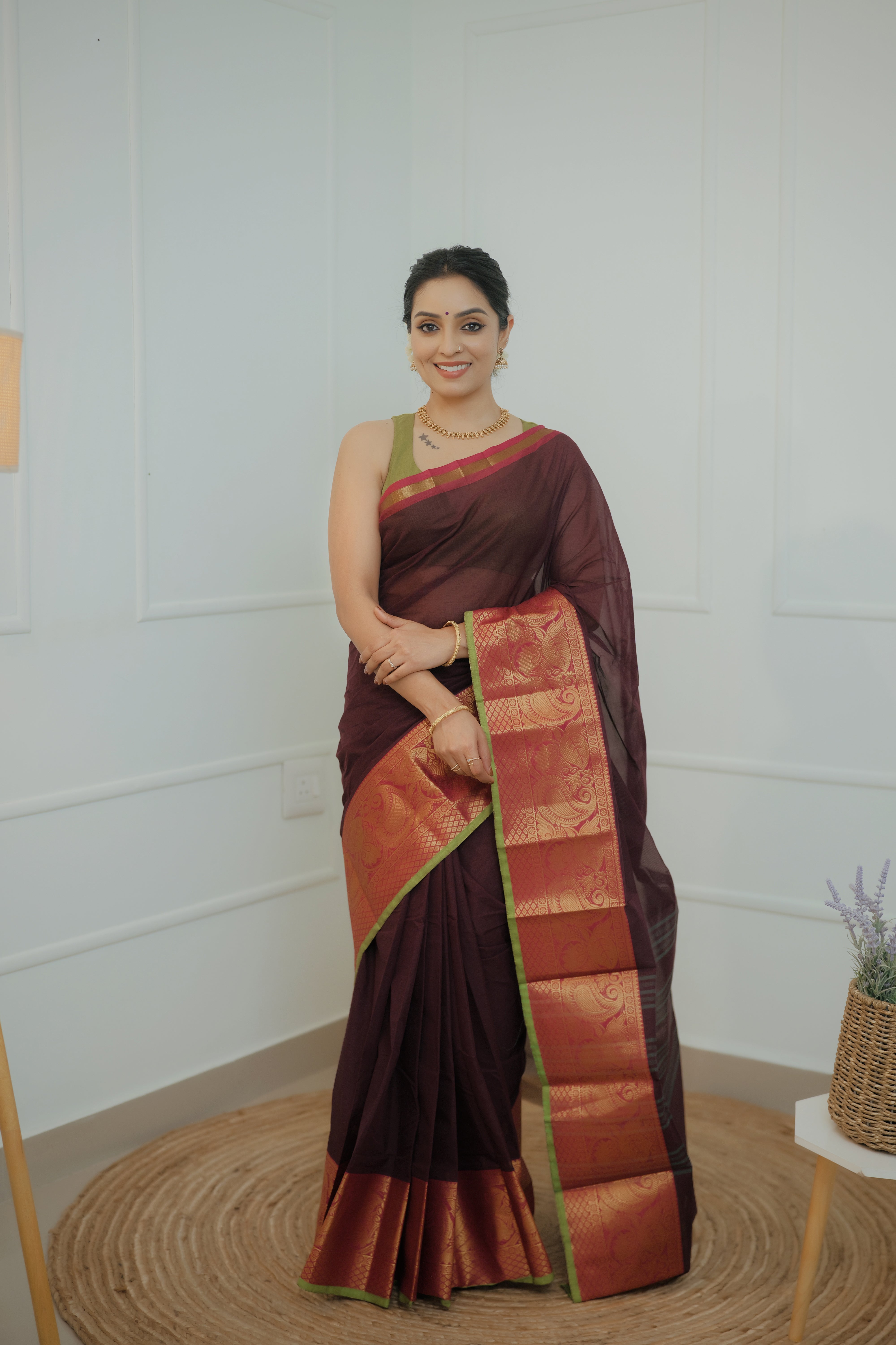 Kavyika – Maroon Chettinad Cotton Saree with Zari Border