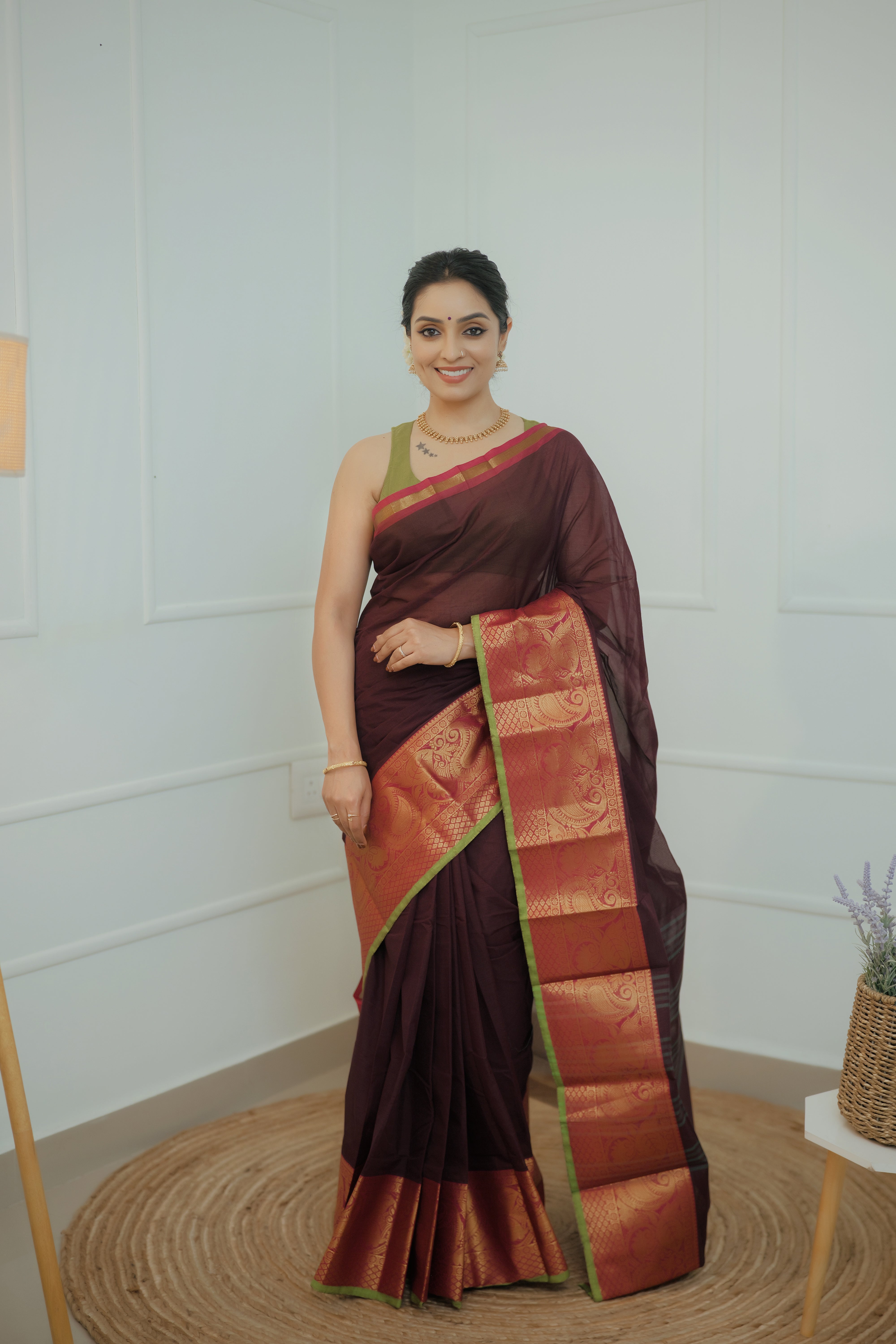 Kavyika – Maroon Chettinad Cotton Saree with Zari Border