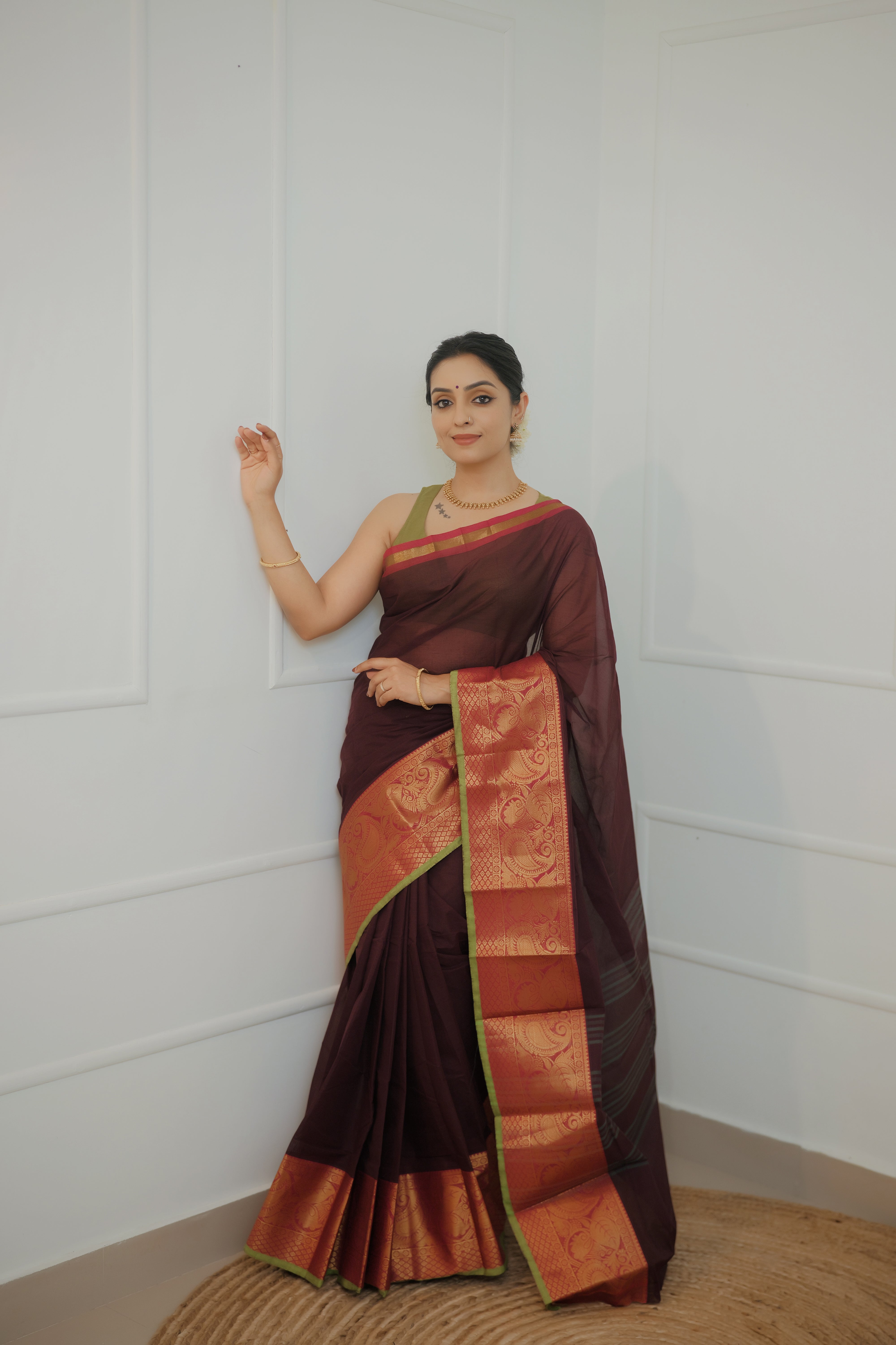 Kavyika – Maroon Chettinad Cotton Saree with Zari Border