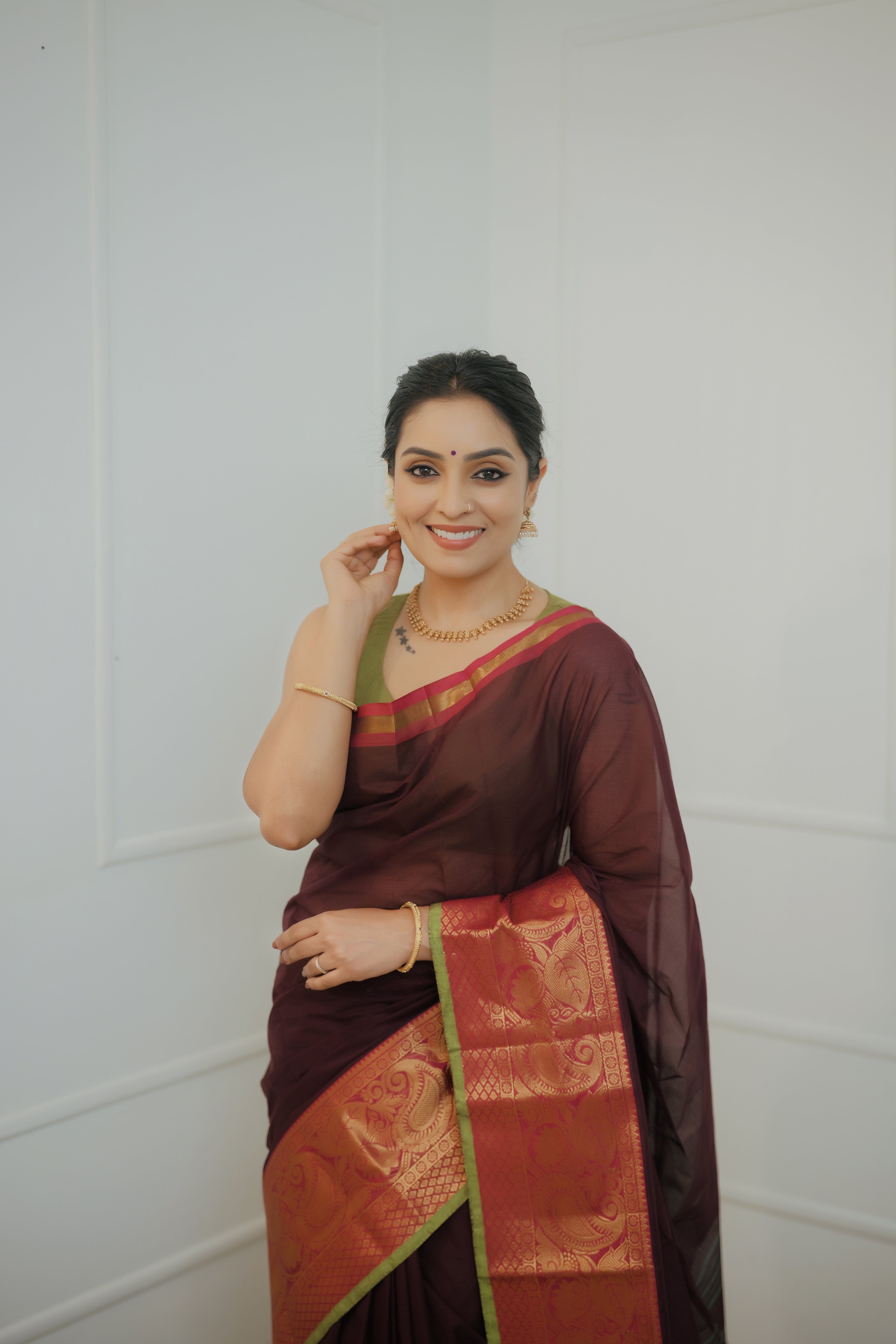 Kavyika – Maroon Chettinad Cotton Saree with Zari Border