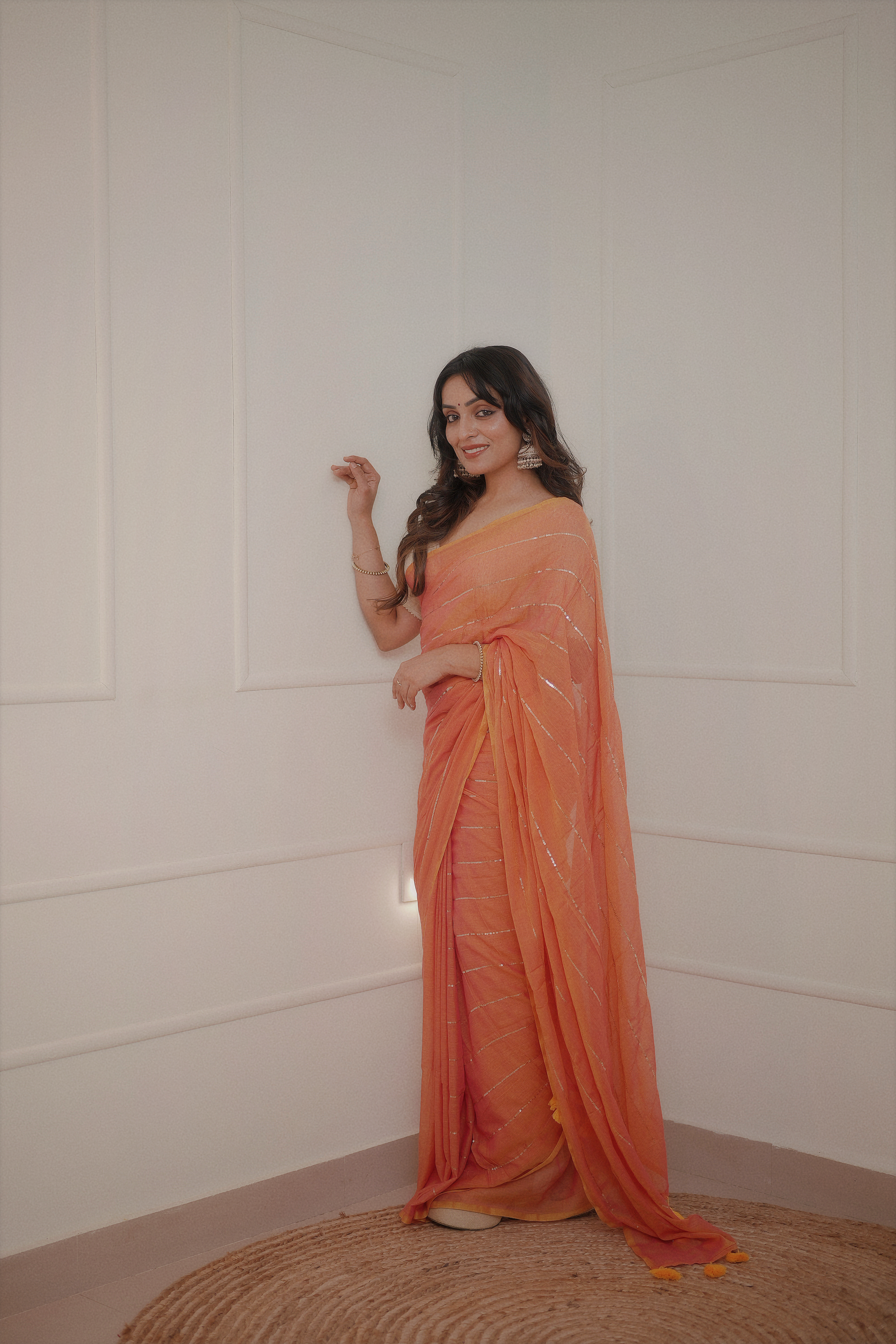 Kumudini - Peach Rose Mul Cotton Saree with Sequined Lines