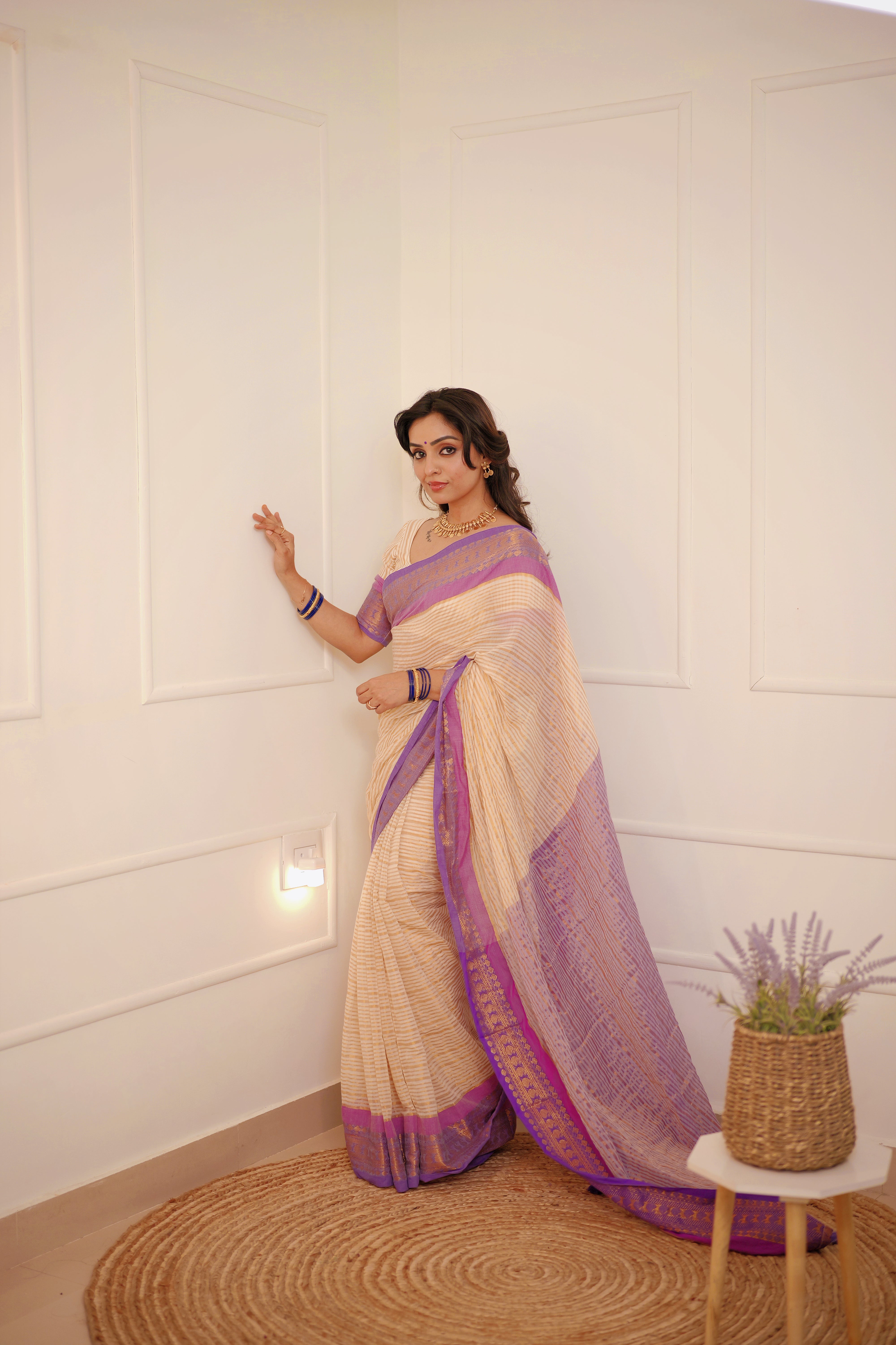 Lavanya - Mul Cotton Saree with Golden Stripes & Lavender Zari Border