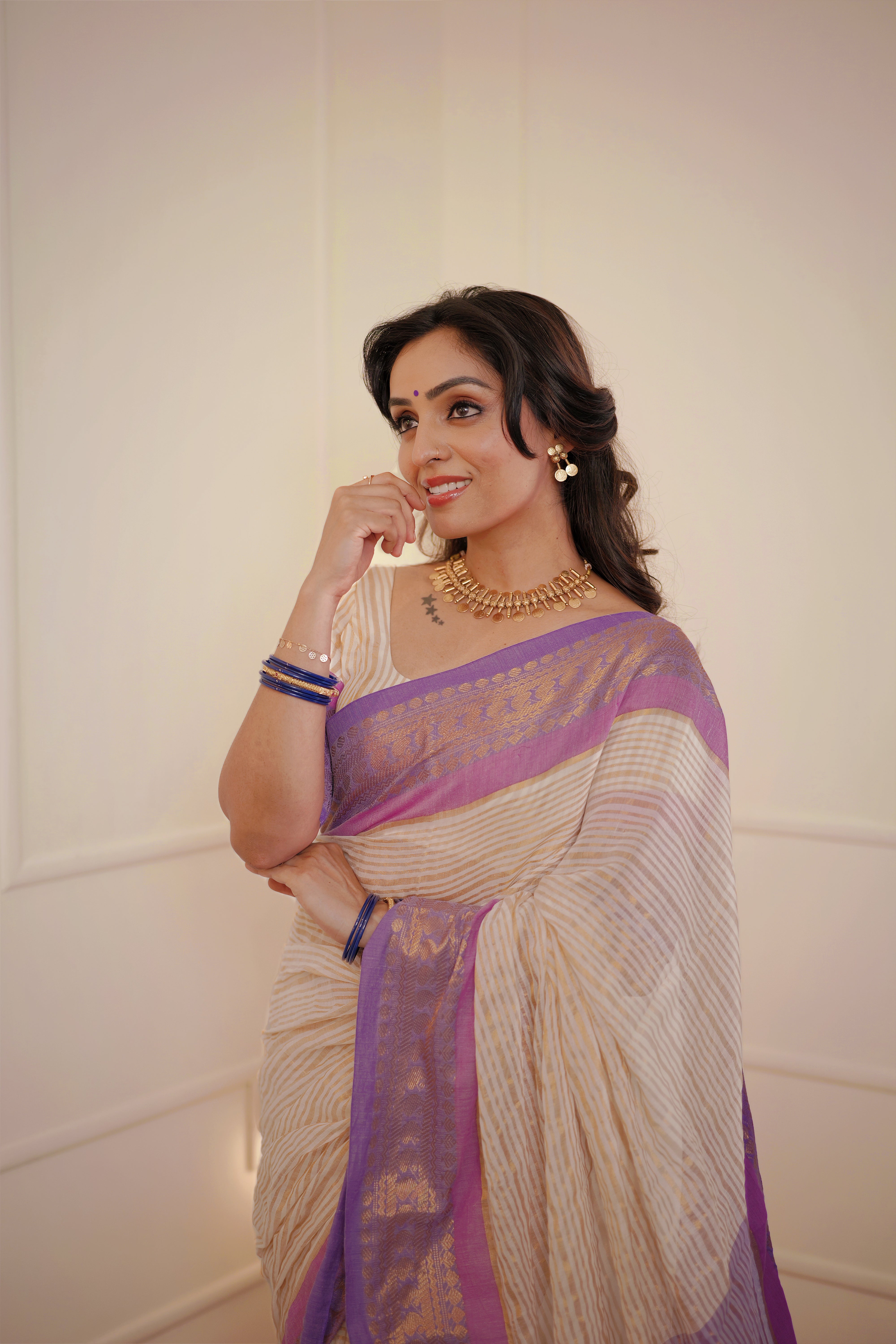 Lavanya - Mul Cotton Saree with Golden Stripes & Lavender Zari Border