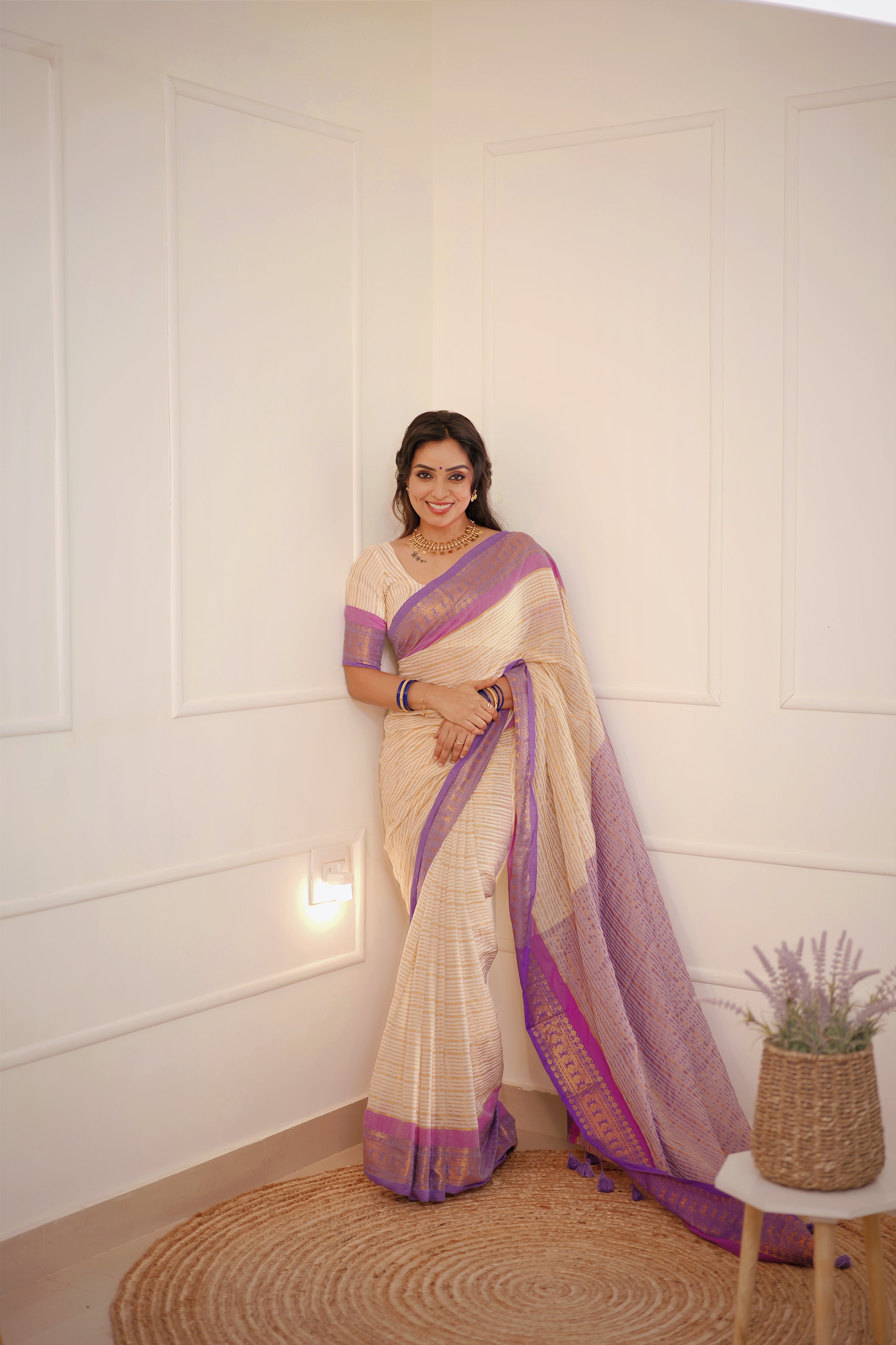 Lavanya - Mul Cotton Saree with Golden Stripes & Lavender Zari Border