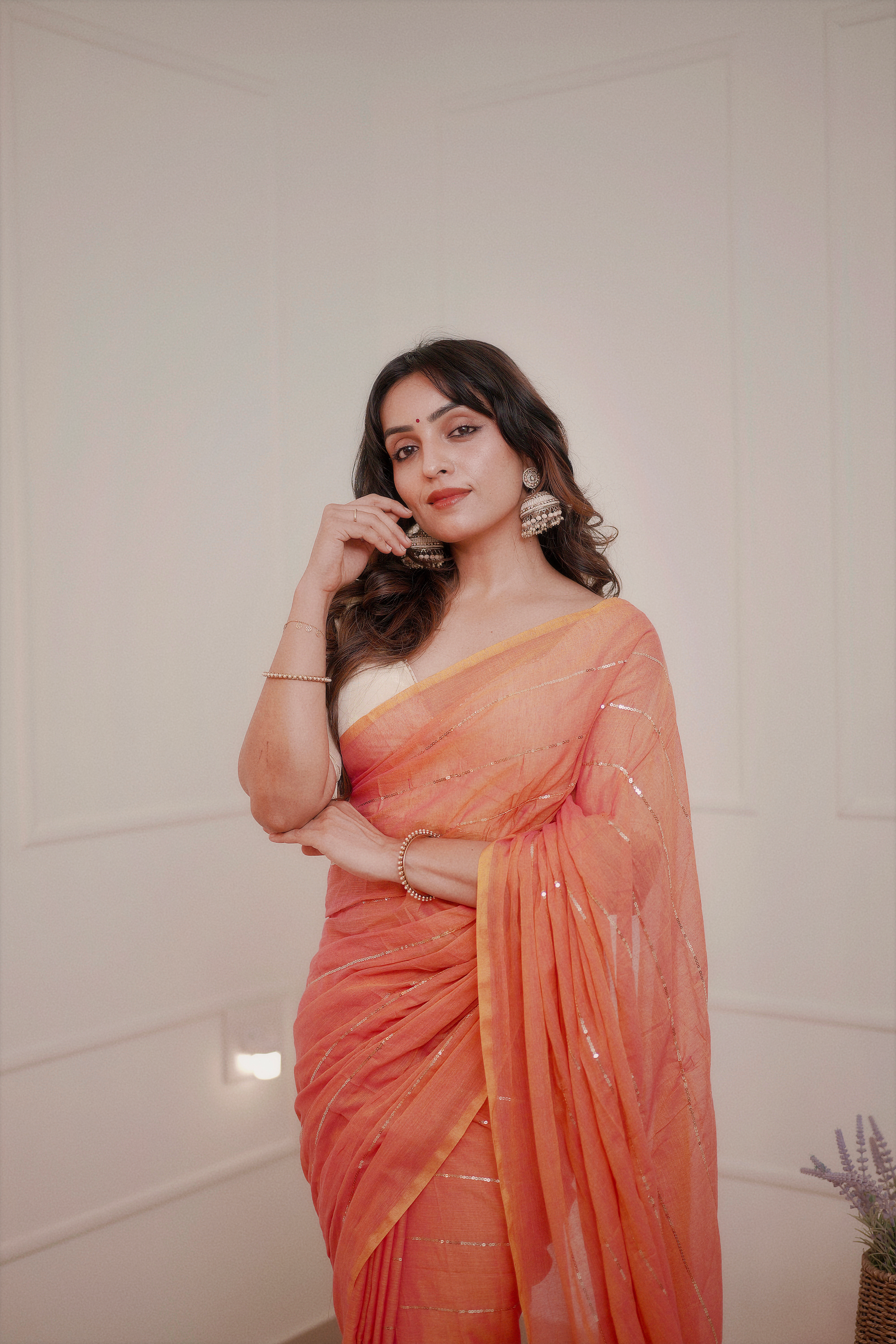 Kumudini - Peach Rose Mul Cotton Saree with Sequined Lines