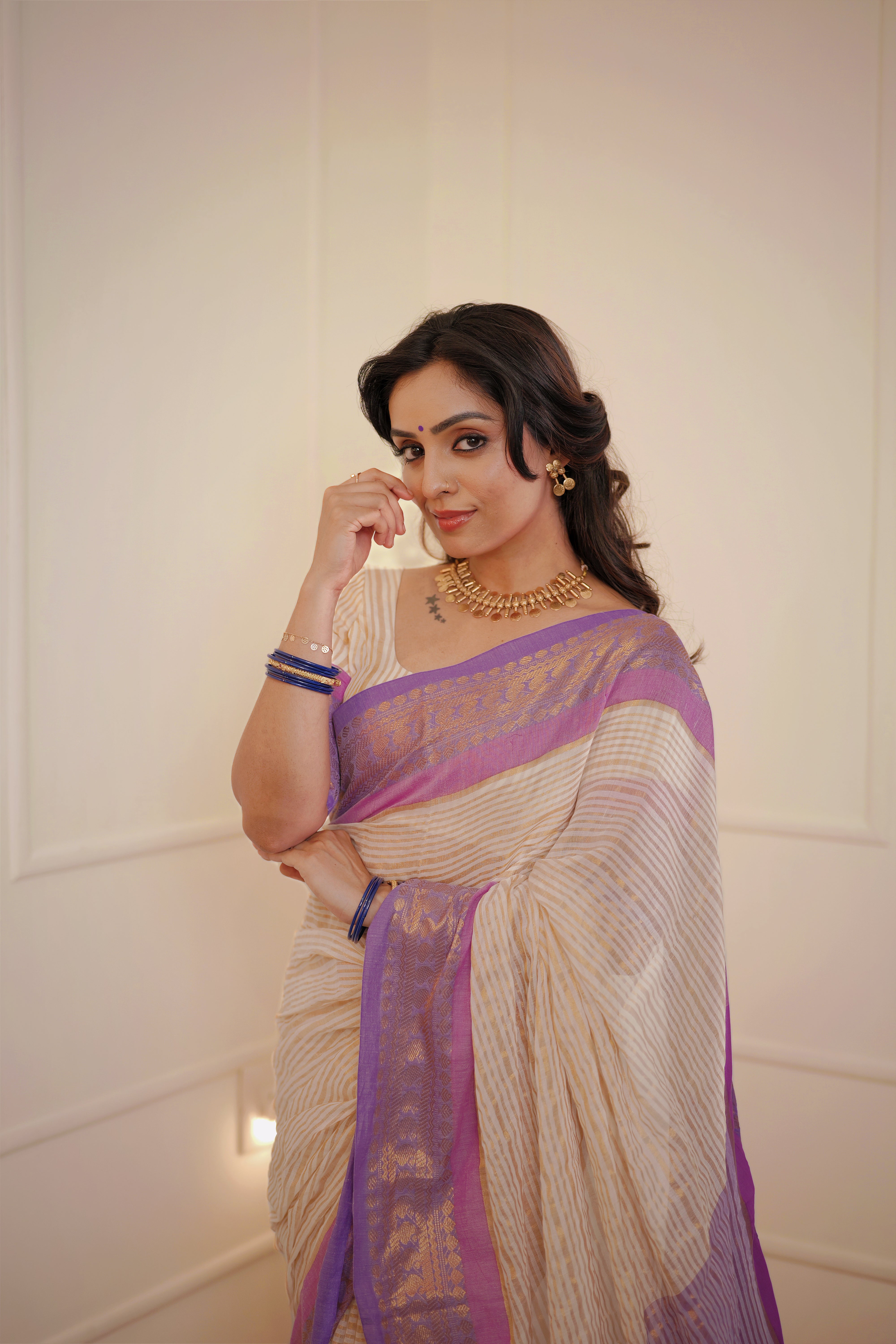 Lavanya - Mul Cotton Saree with Golden Stripes & Lavender Zari Border