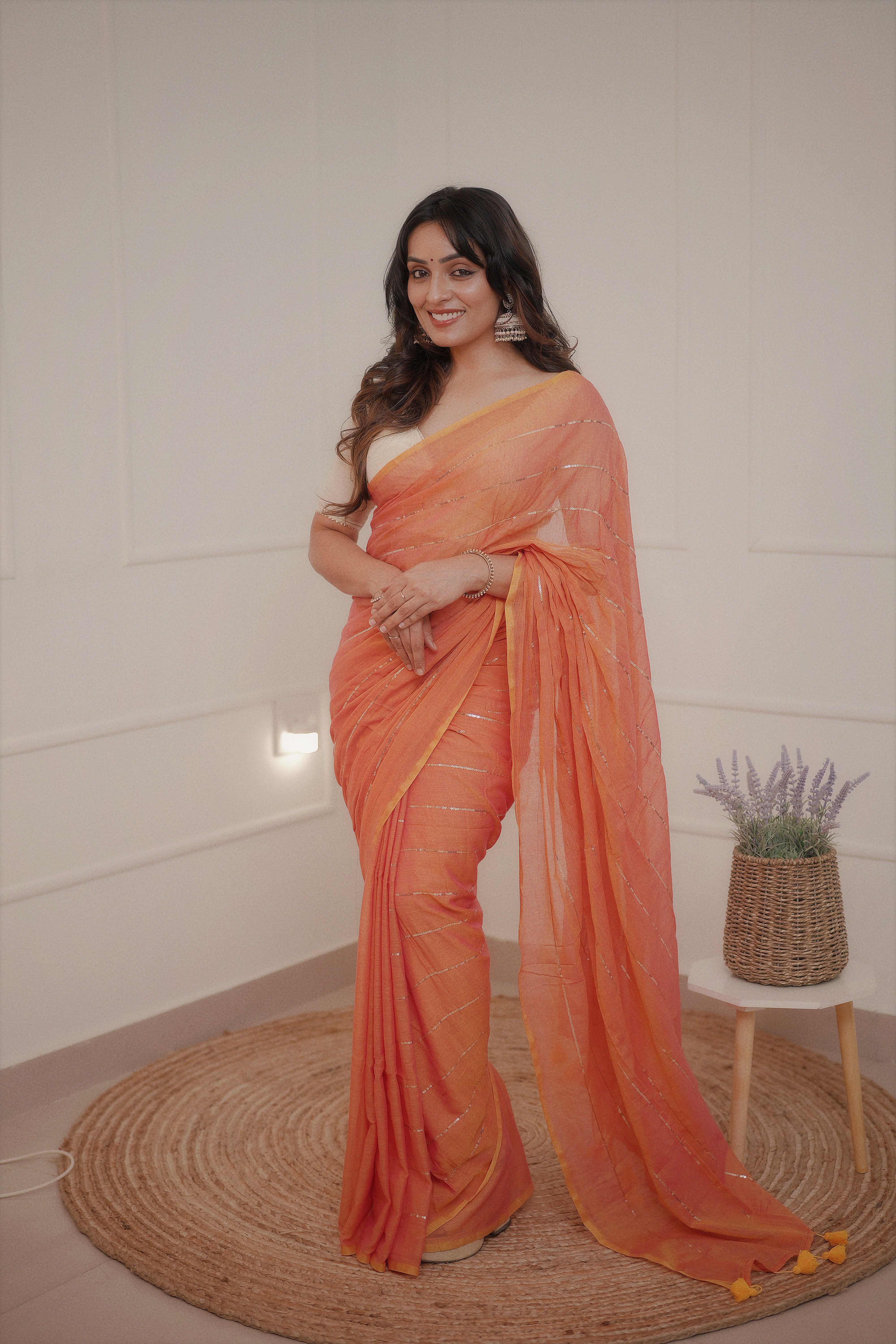Kumudini - Peach Rose Mul Cotton Saree with Sequined Lines