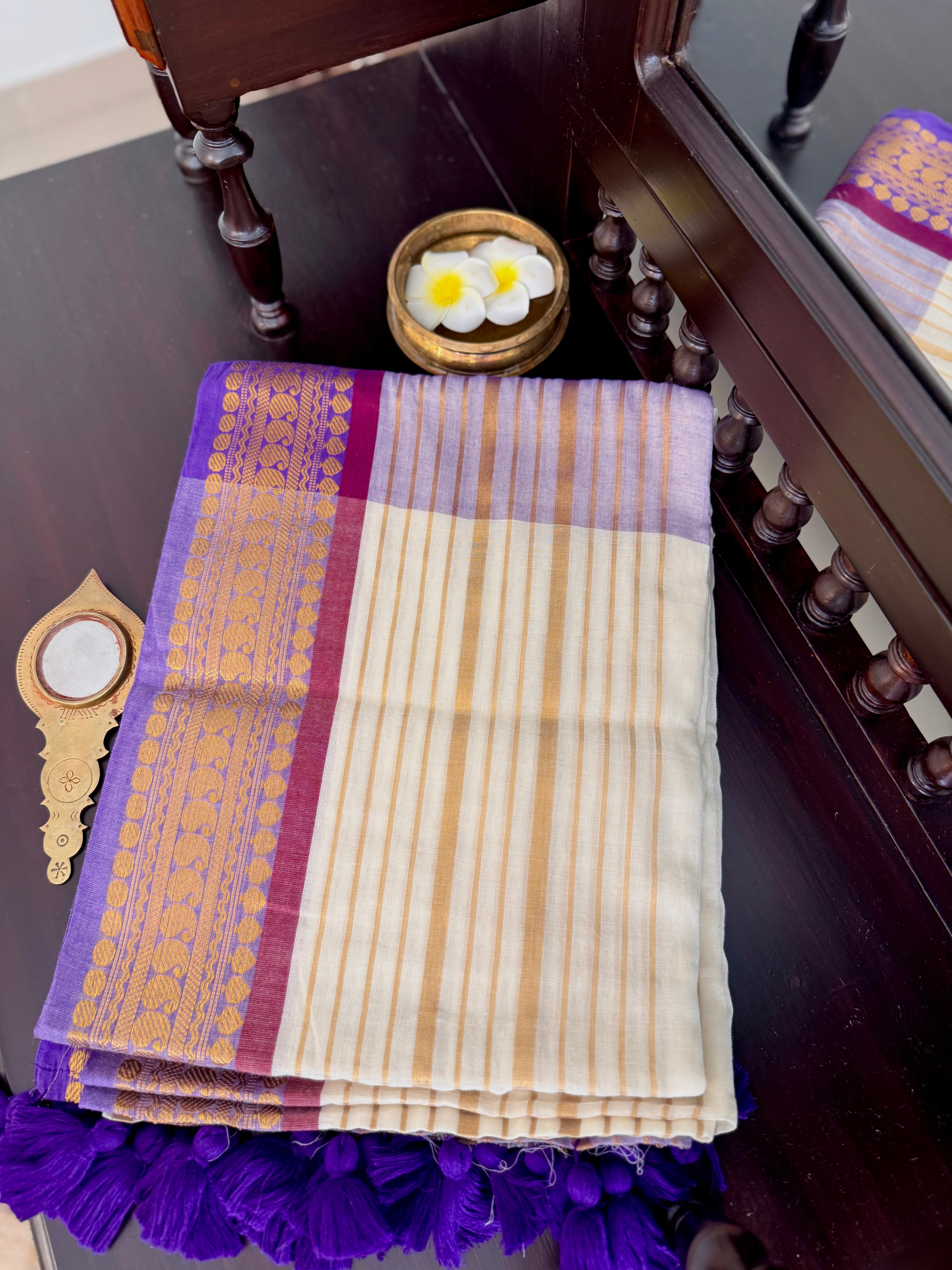 Lavanya - Mul Cotton Saree with Golden Stripes & Lavender Zari Border
