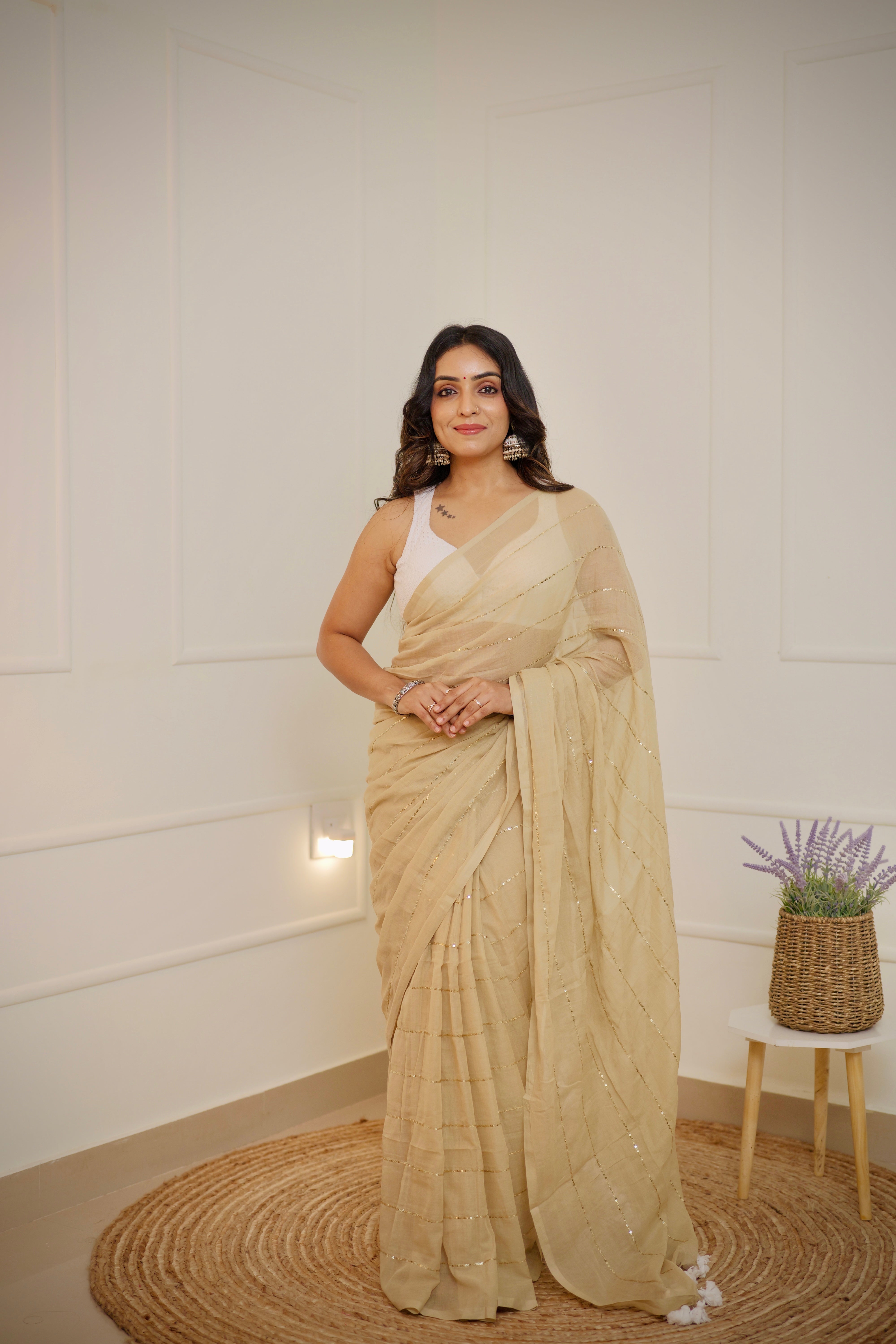Komalika - Champagne Beige Mul Cotton Saree with Sequined Lines