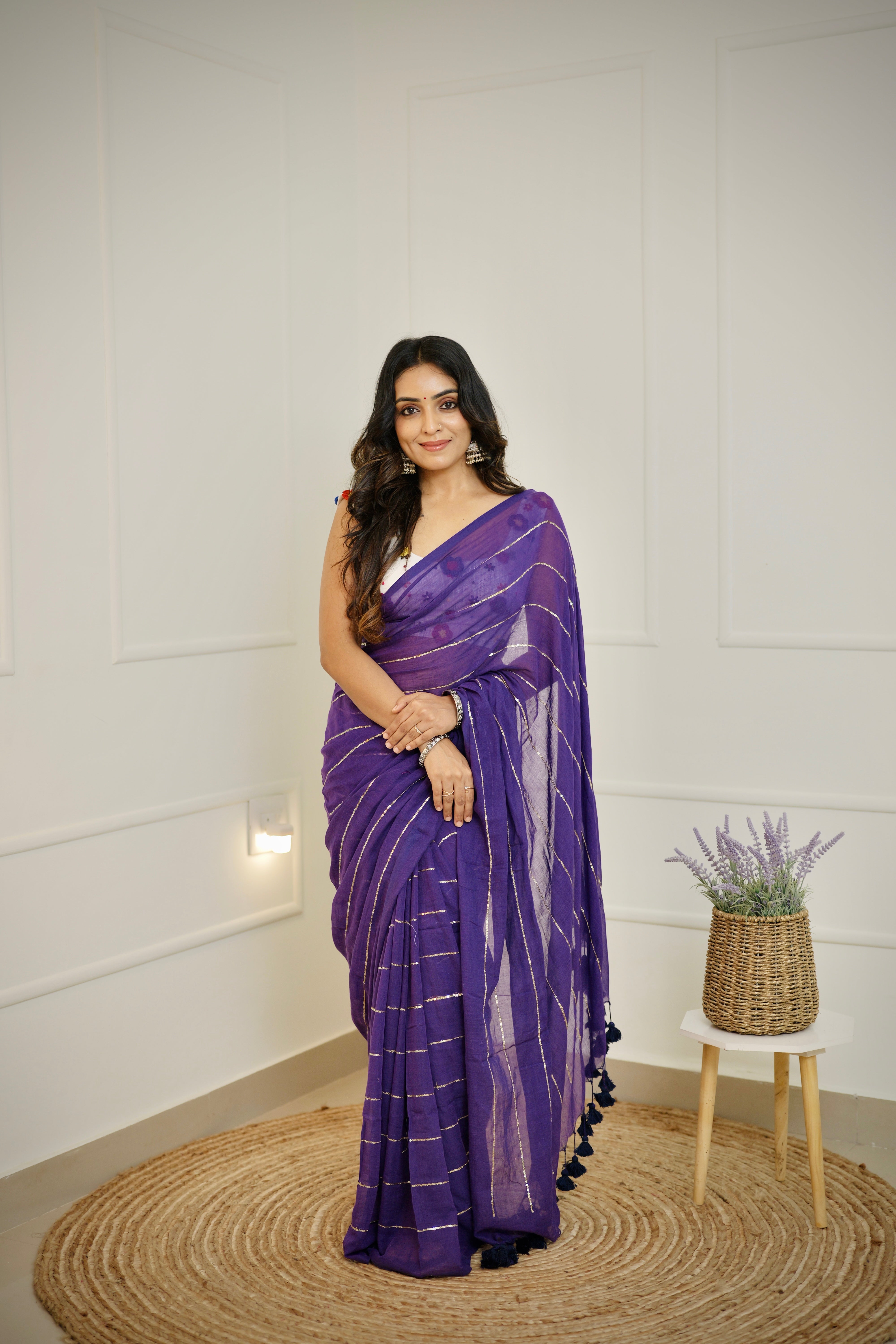 Kalindi - Royal Purple Mul Cotton Saree with Sequined Lines