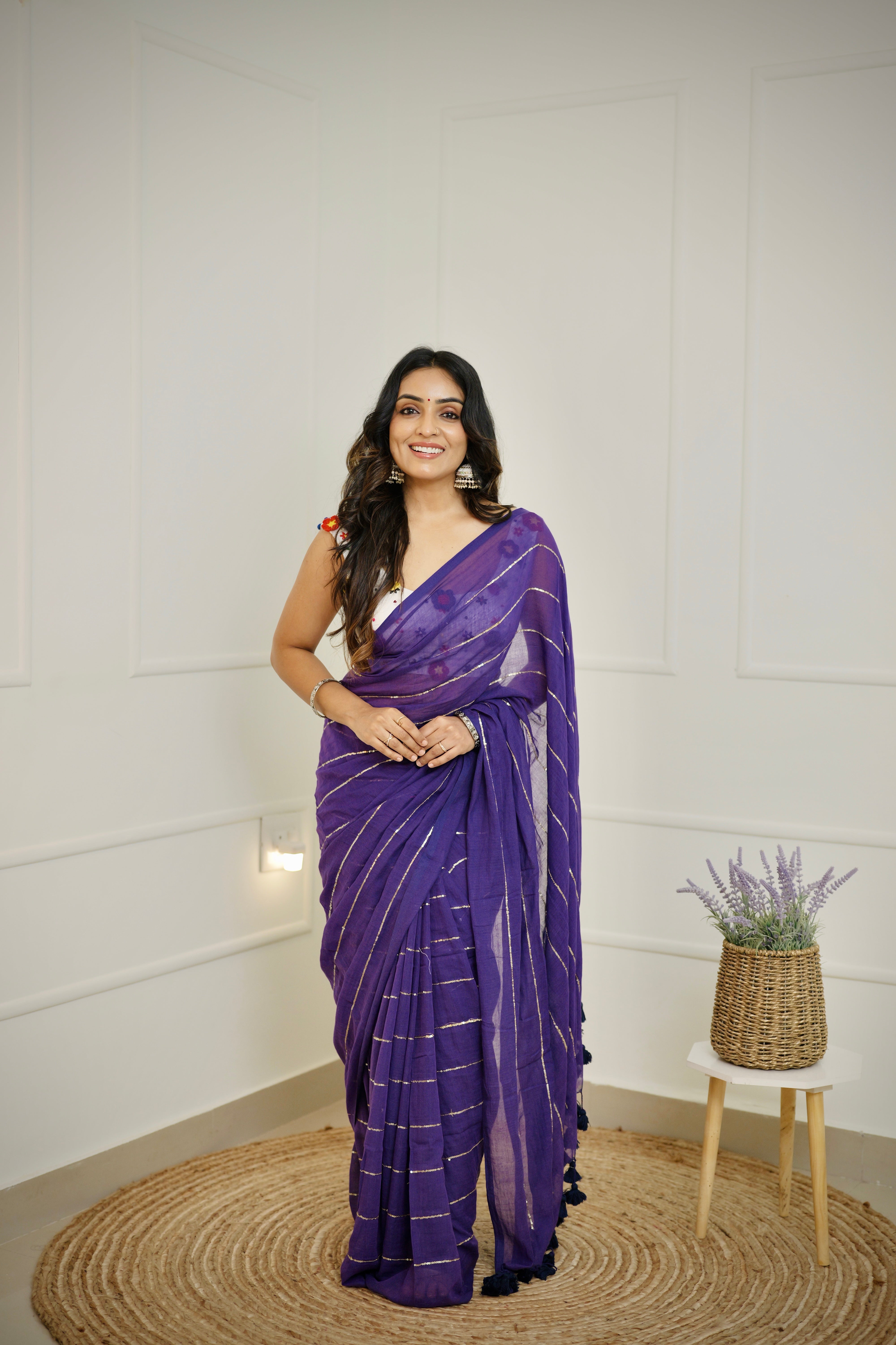 Kalindi - Royal Purple Mul Cotton Saree with Sequined Lines