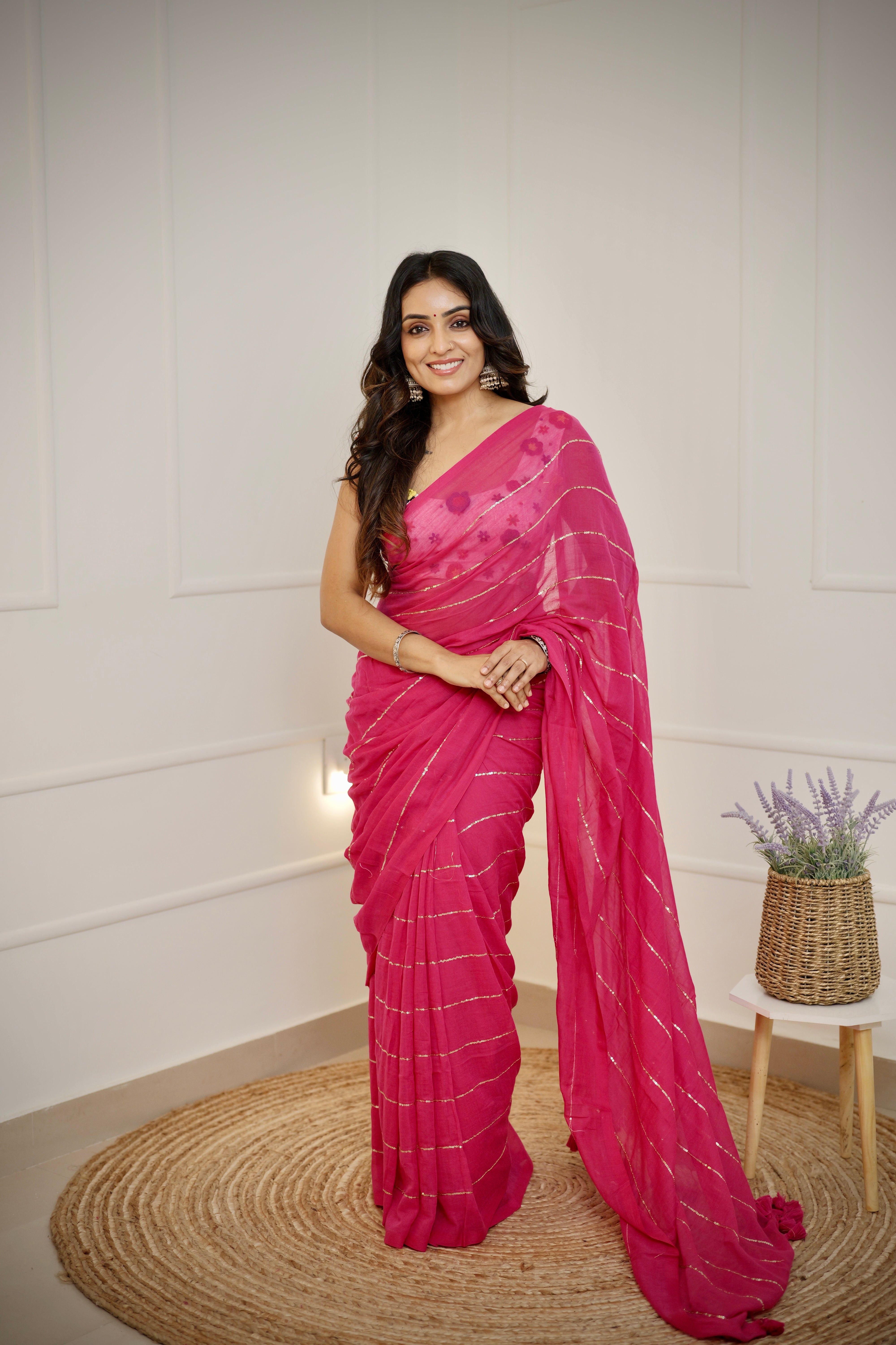 Kanika - Rani Pink Mul Cotton Saree with Sequined Lines