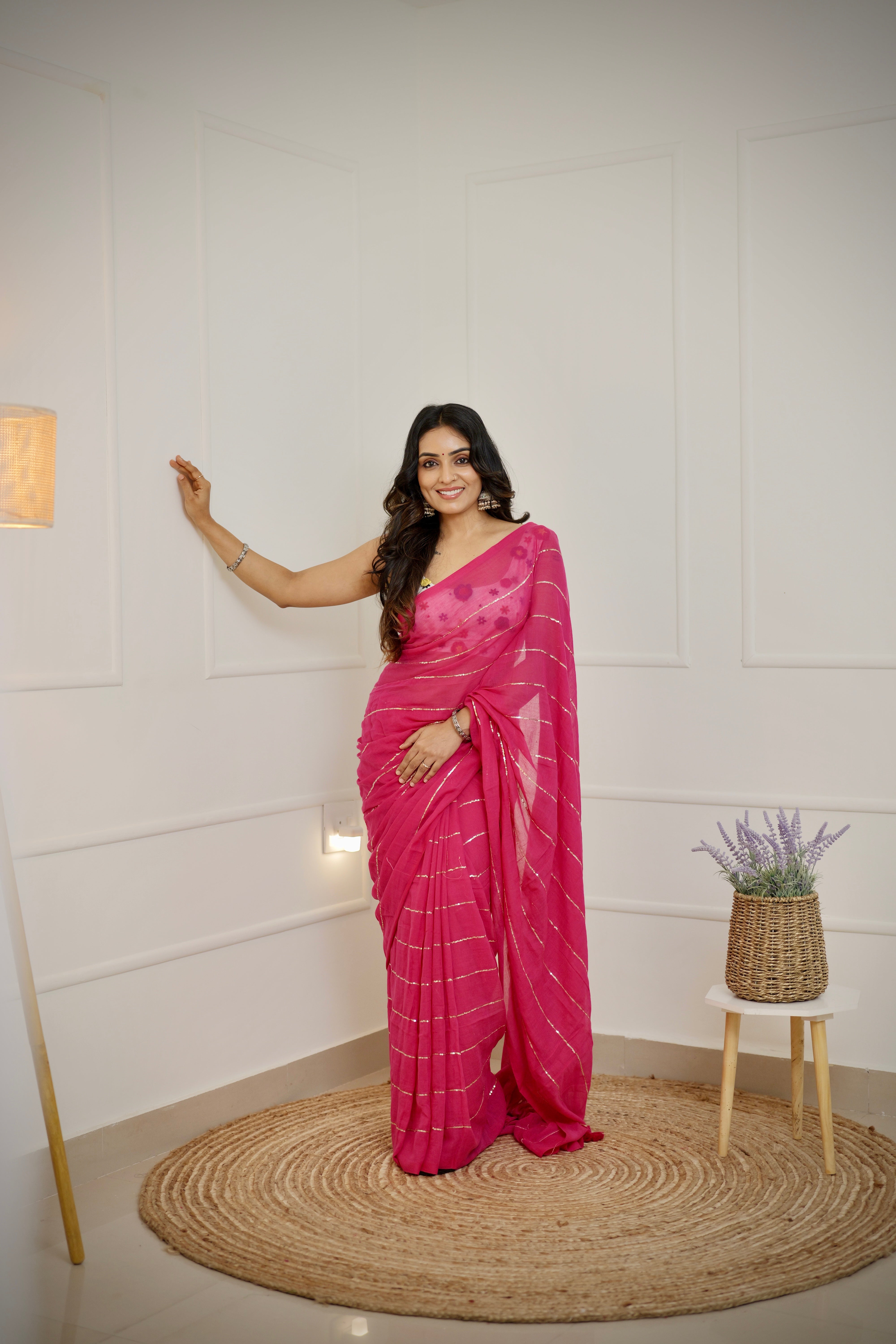 Kanika - Rani Pink Mul Cotton Saree with Sequined Lines