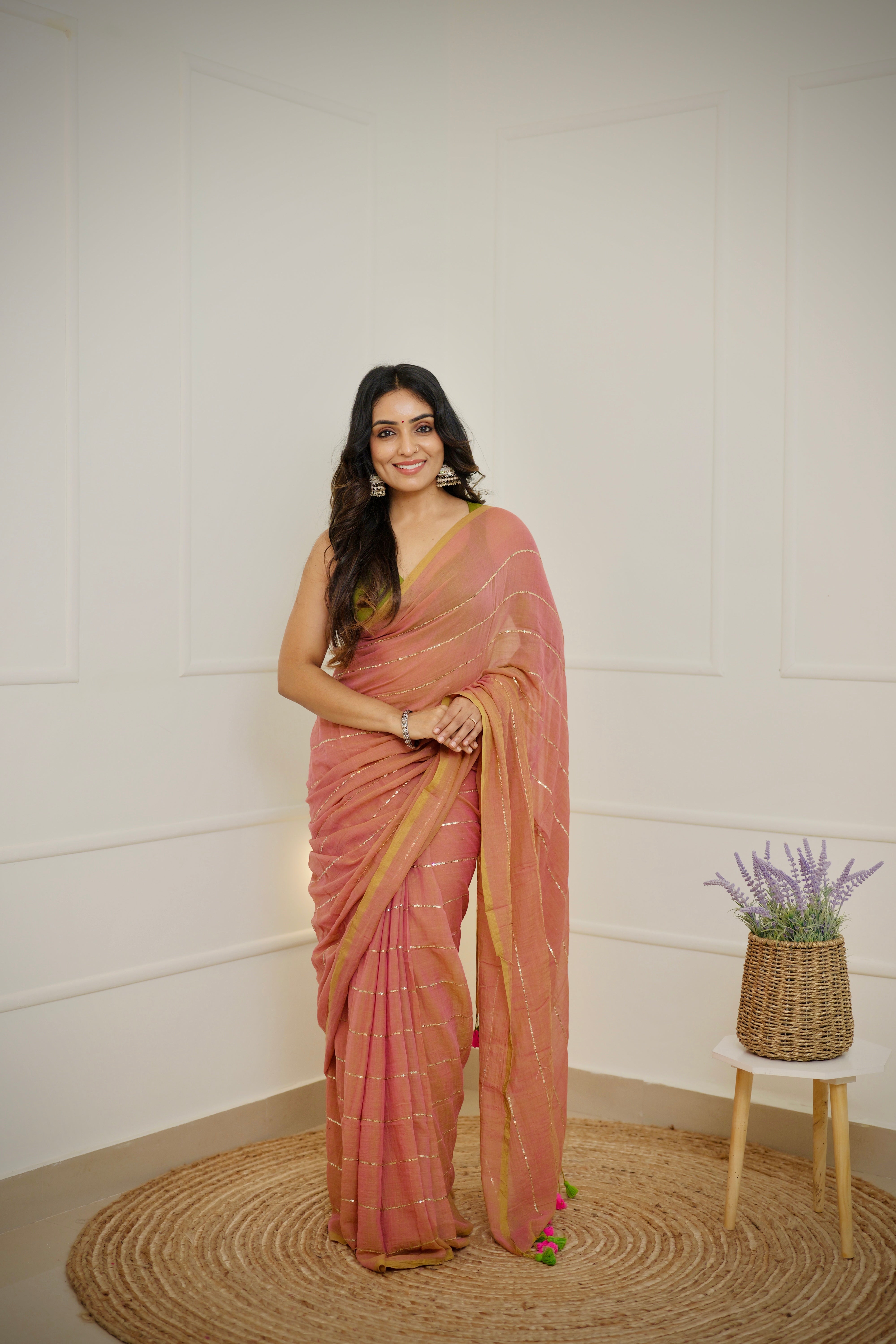 Kumudini - Peach Rose Mul Cotton Saree with Sequined Lines