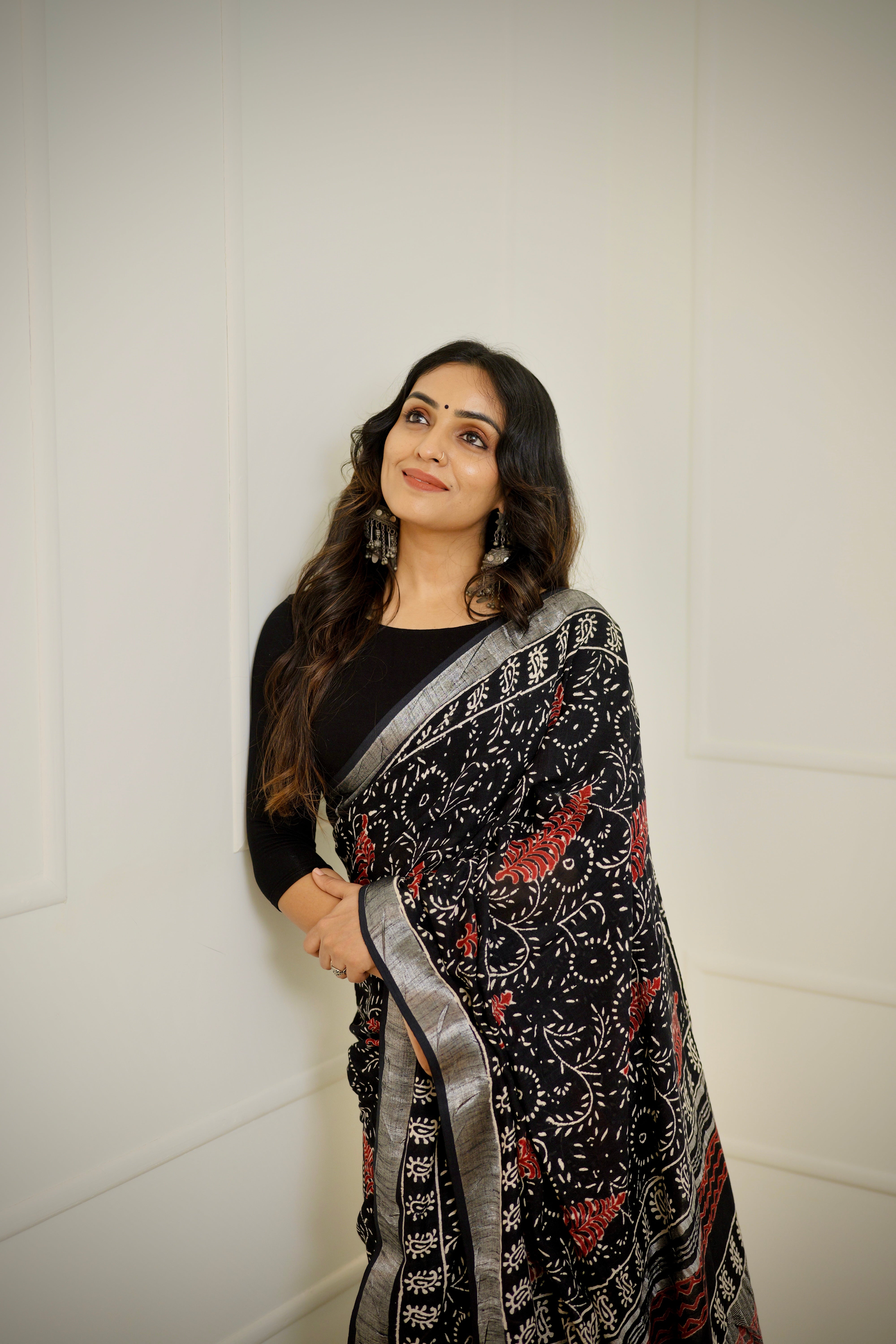 Black Cotton-Linen Saree with Block Print & Zari Border