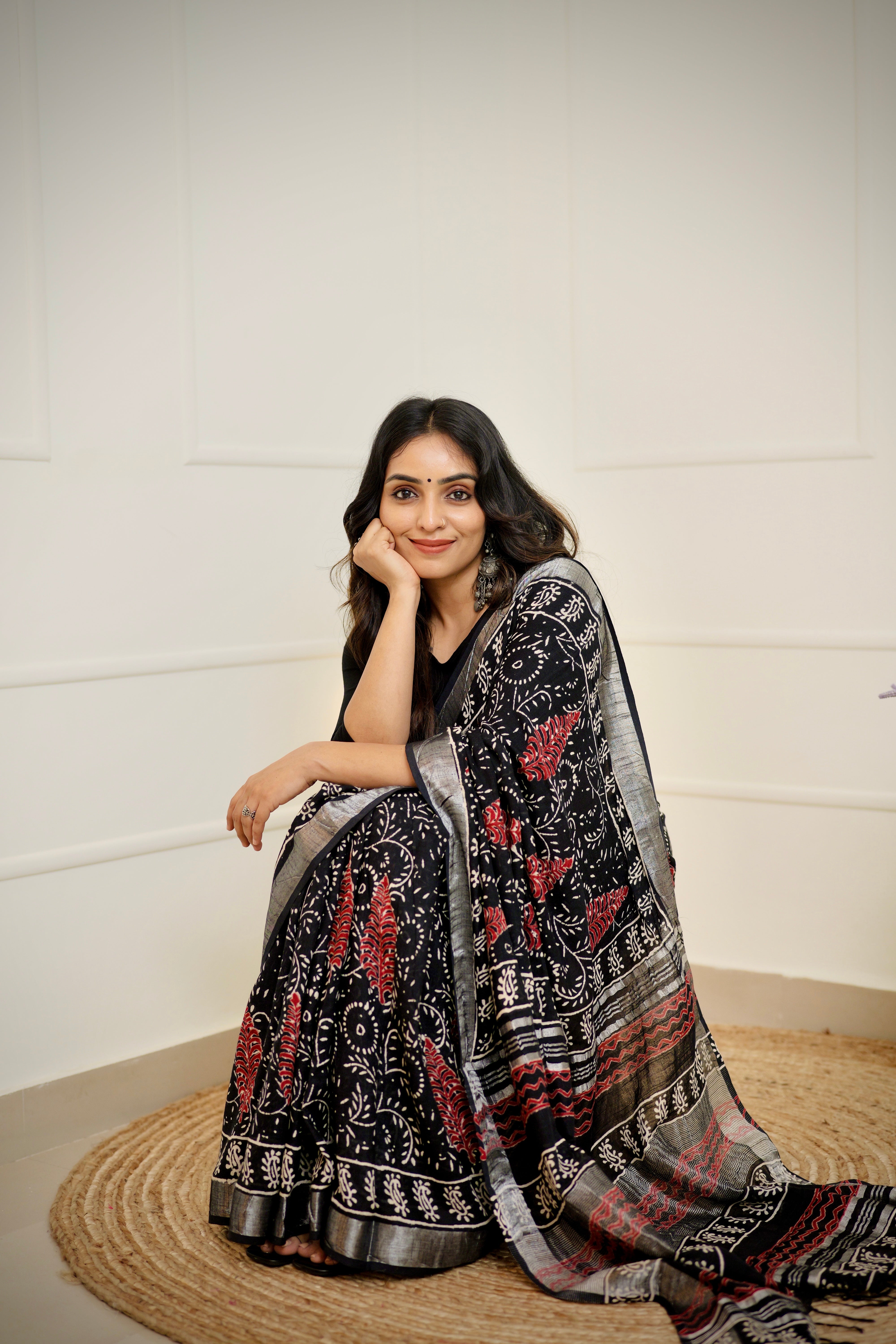 Black Cotton-Linen Saree with Block Print & Zari Border