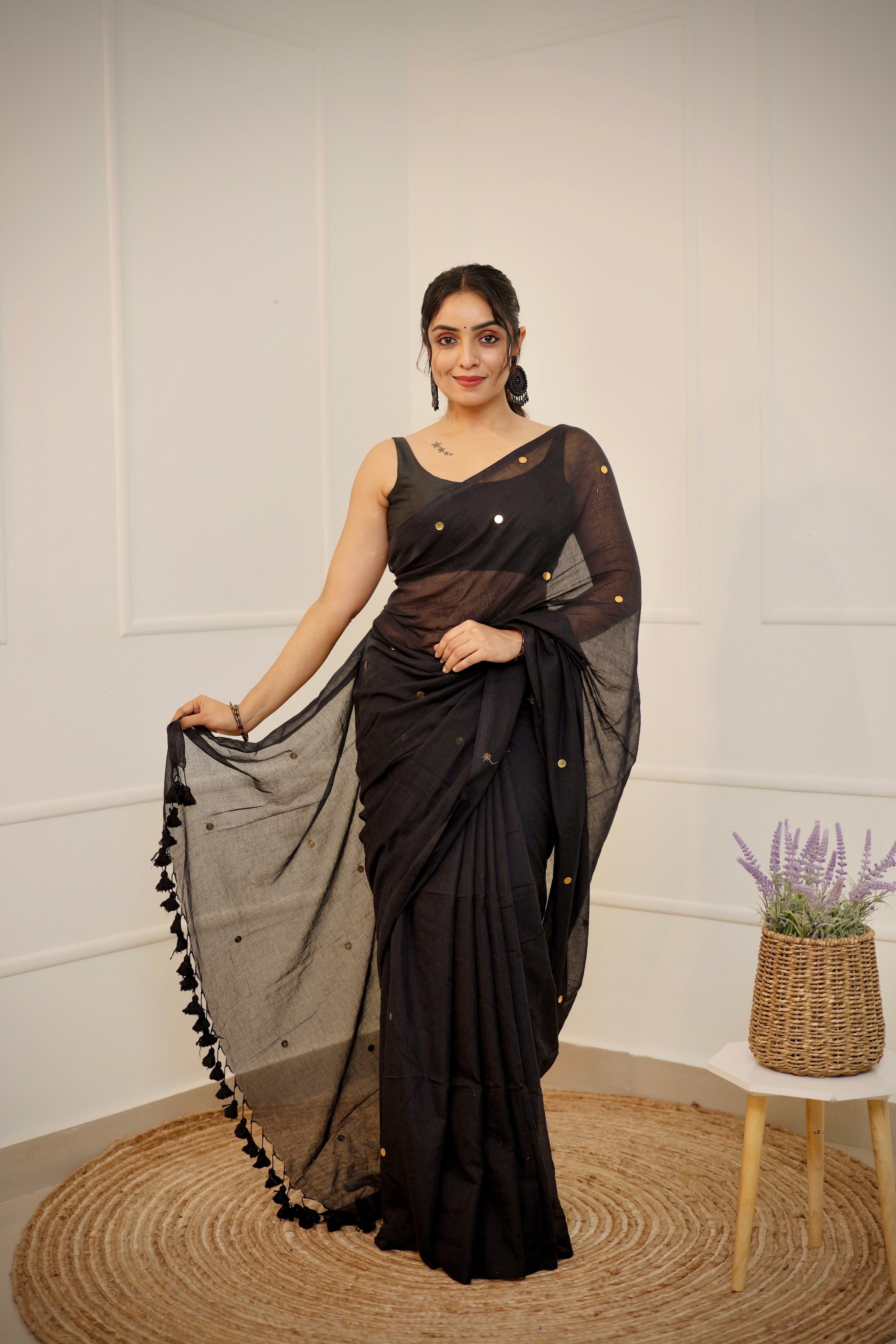 Yamini – Jet Black Mul Cotton Saree with Round Sequins