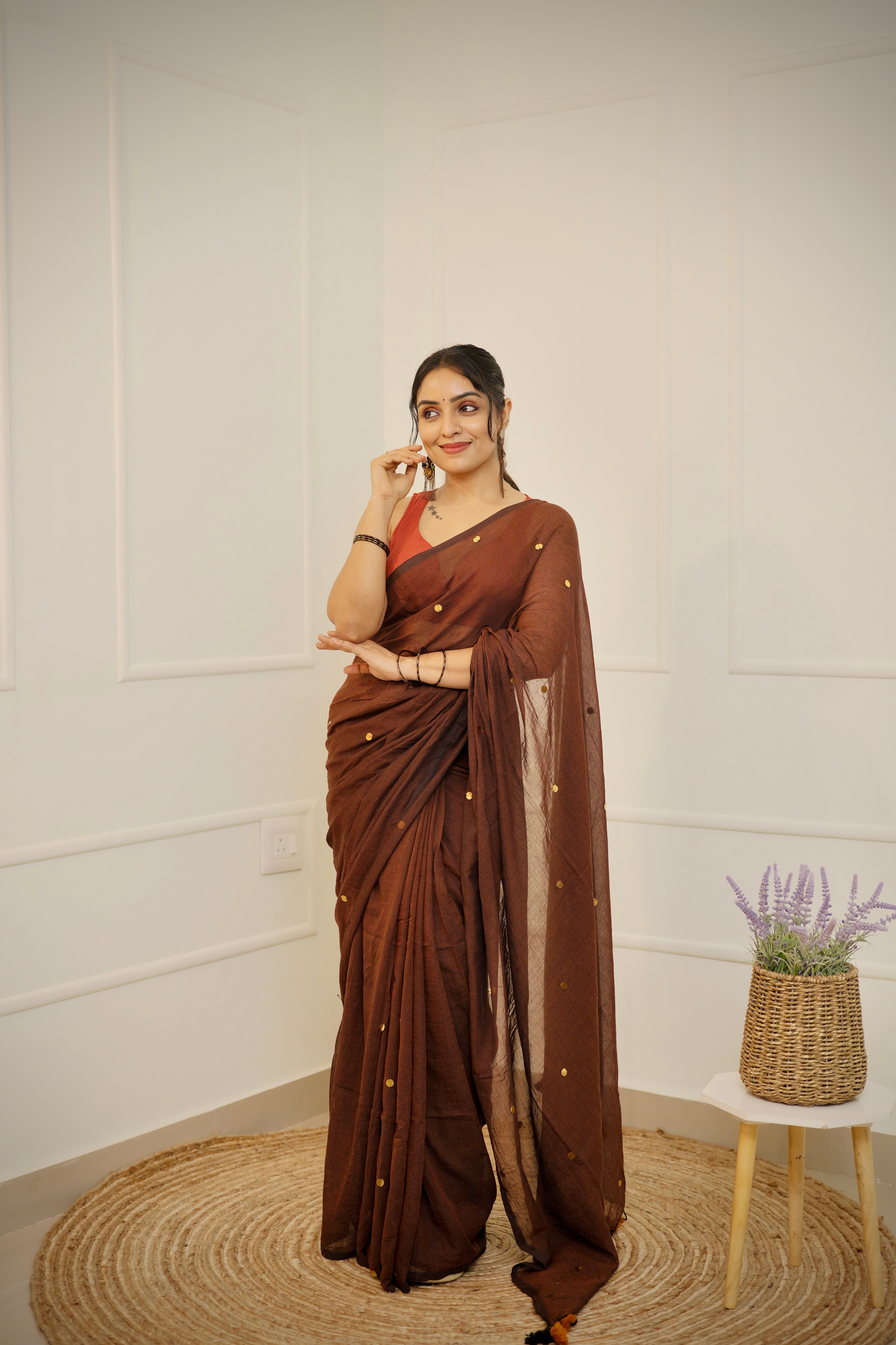 Kavya - Coffee Brown Mul Cotton Saree with Round Sequins
