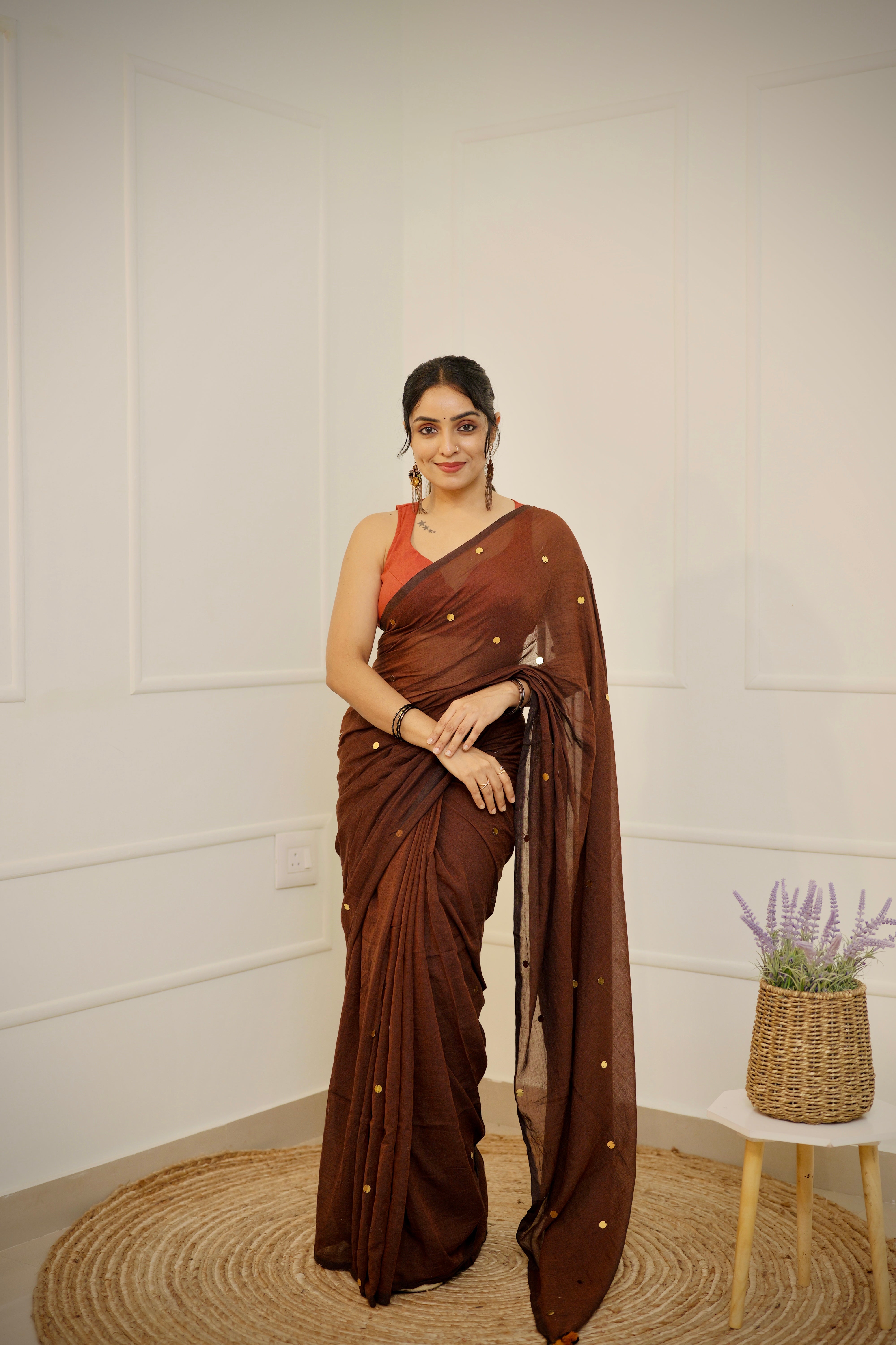 Kavya - Coffee Brown Mul Cotton Saree with Round Sequins