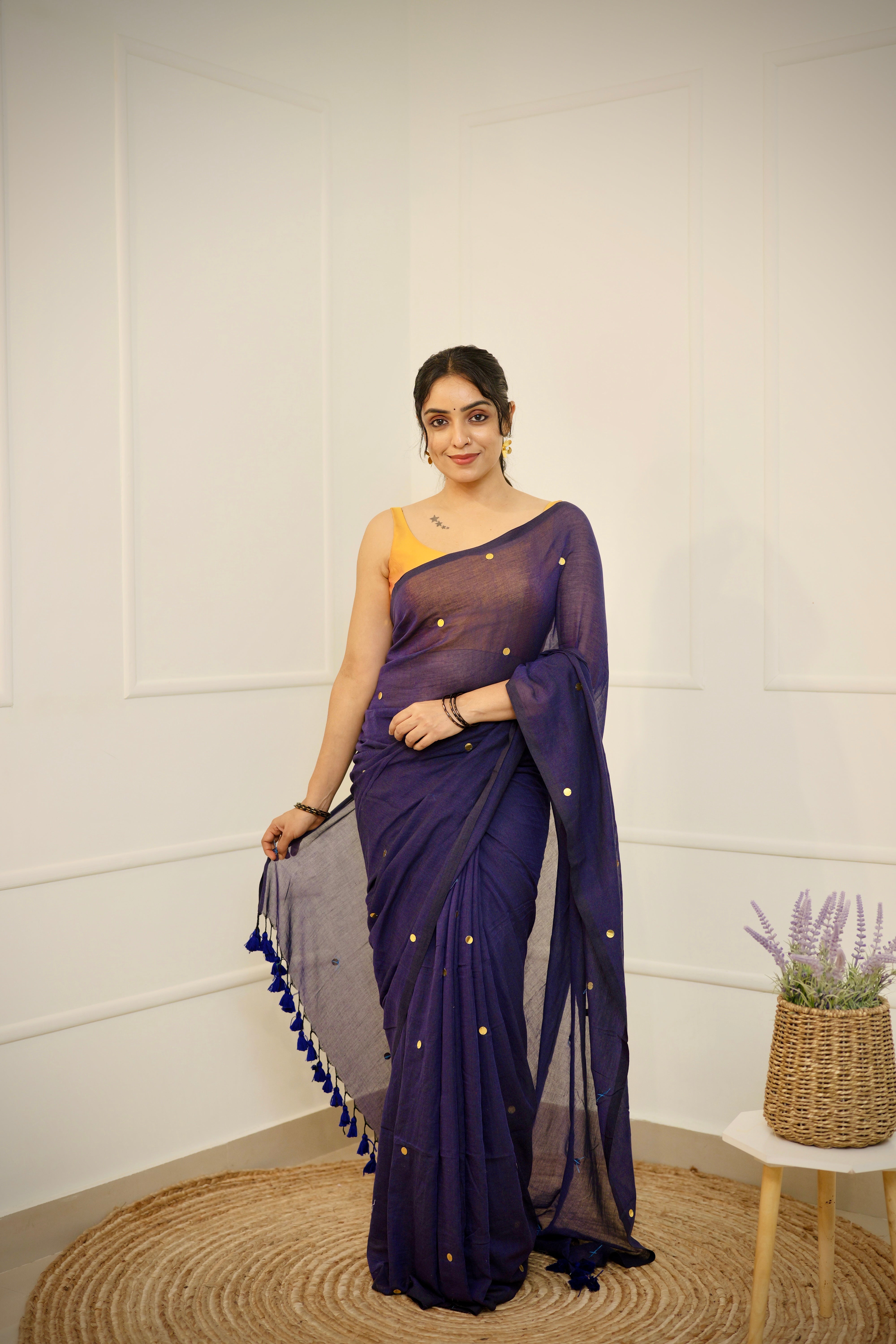 Raagini – Midnight Blue Mul Cotton Saree with Round Sequins