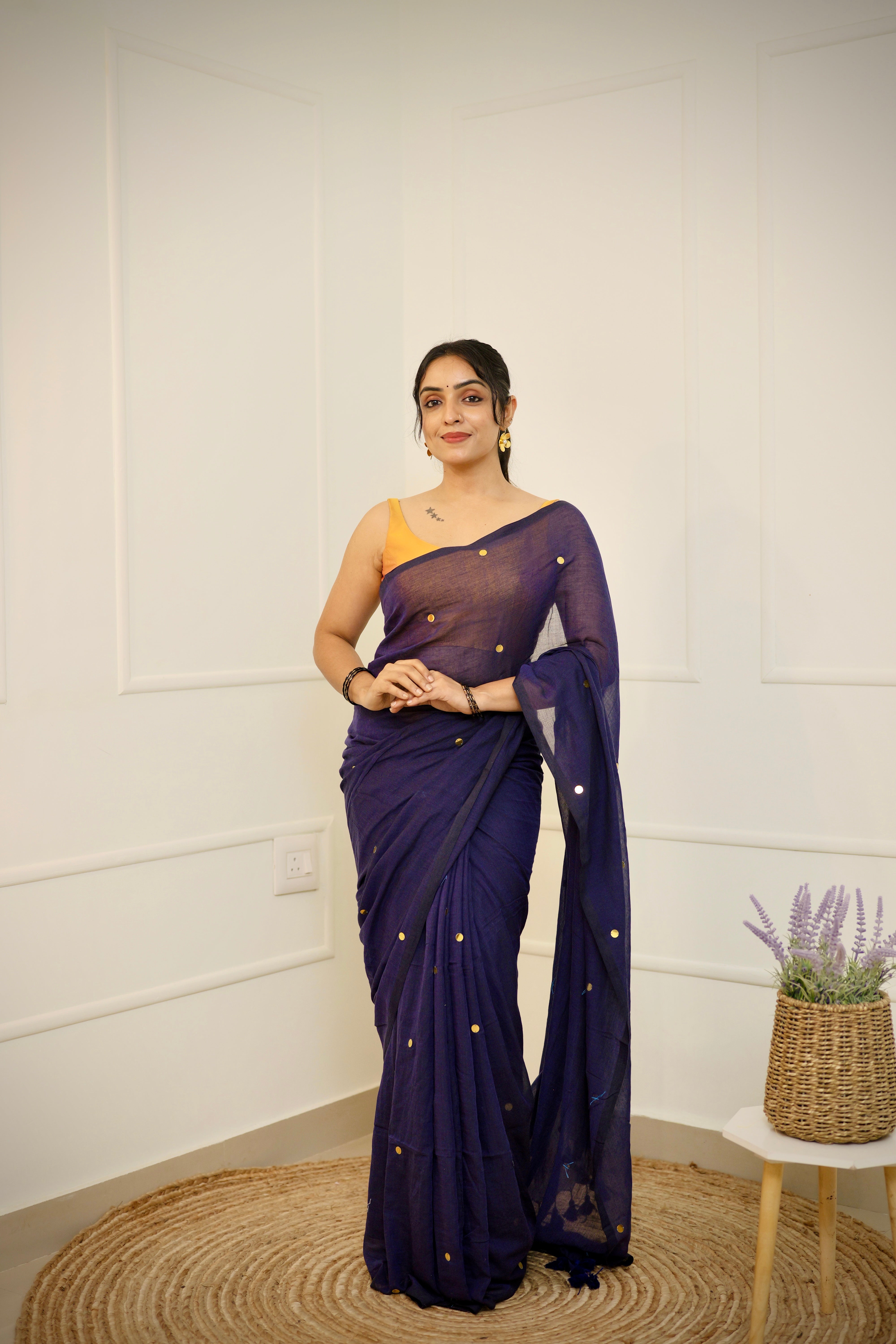 Raagini – Midnight Blue Mul Cotton Saree with Round Sequins