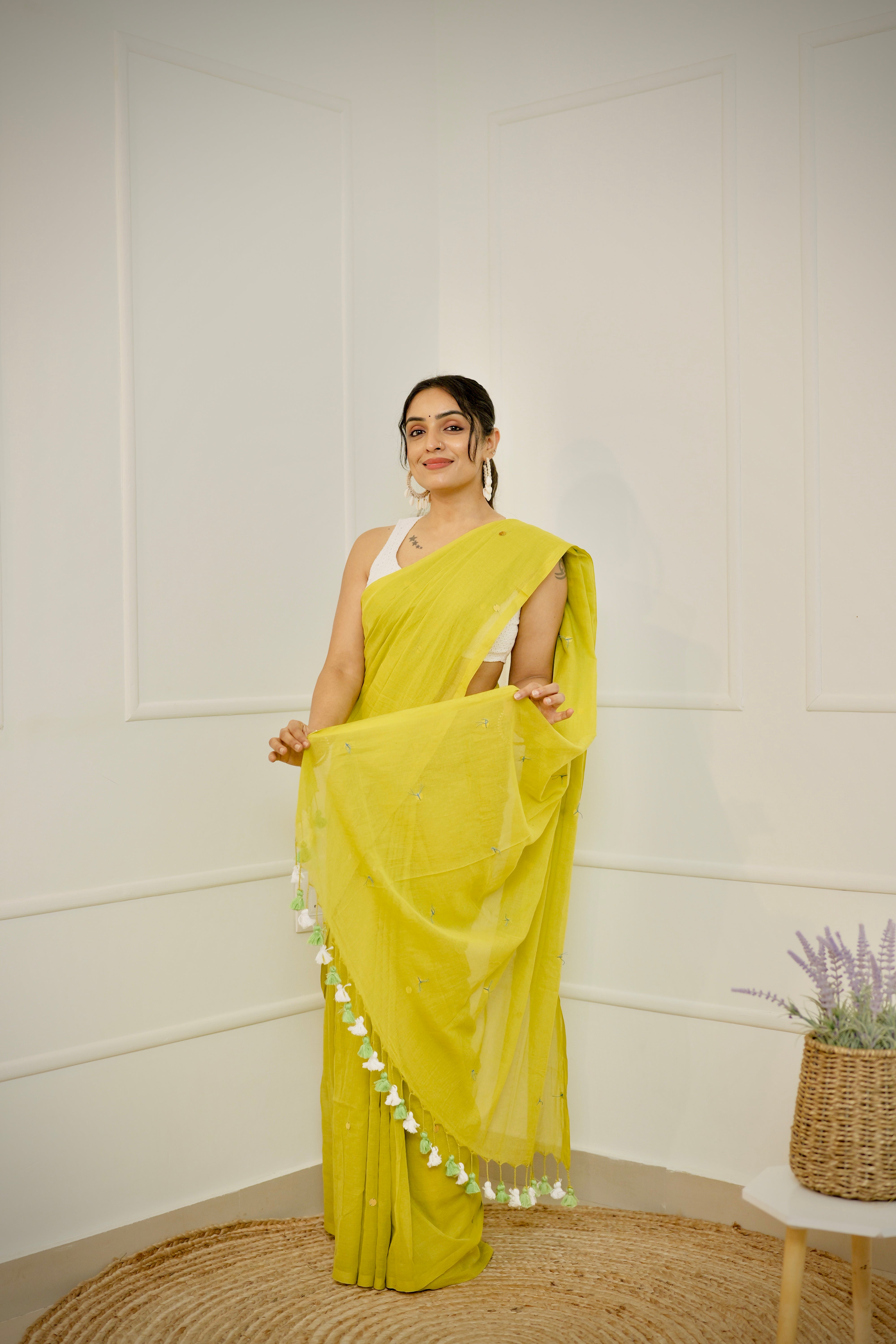 Vanalata – Warm Green Mul Cotton Saree with Round Sequins