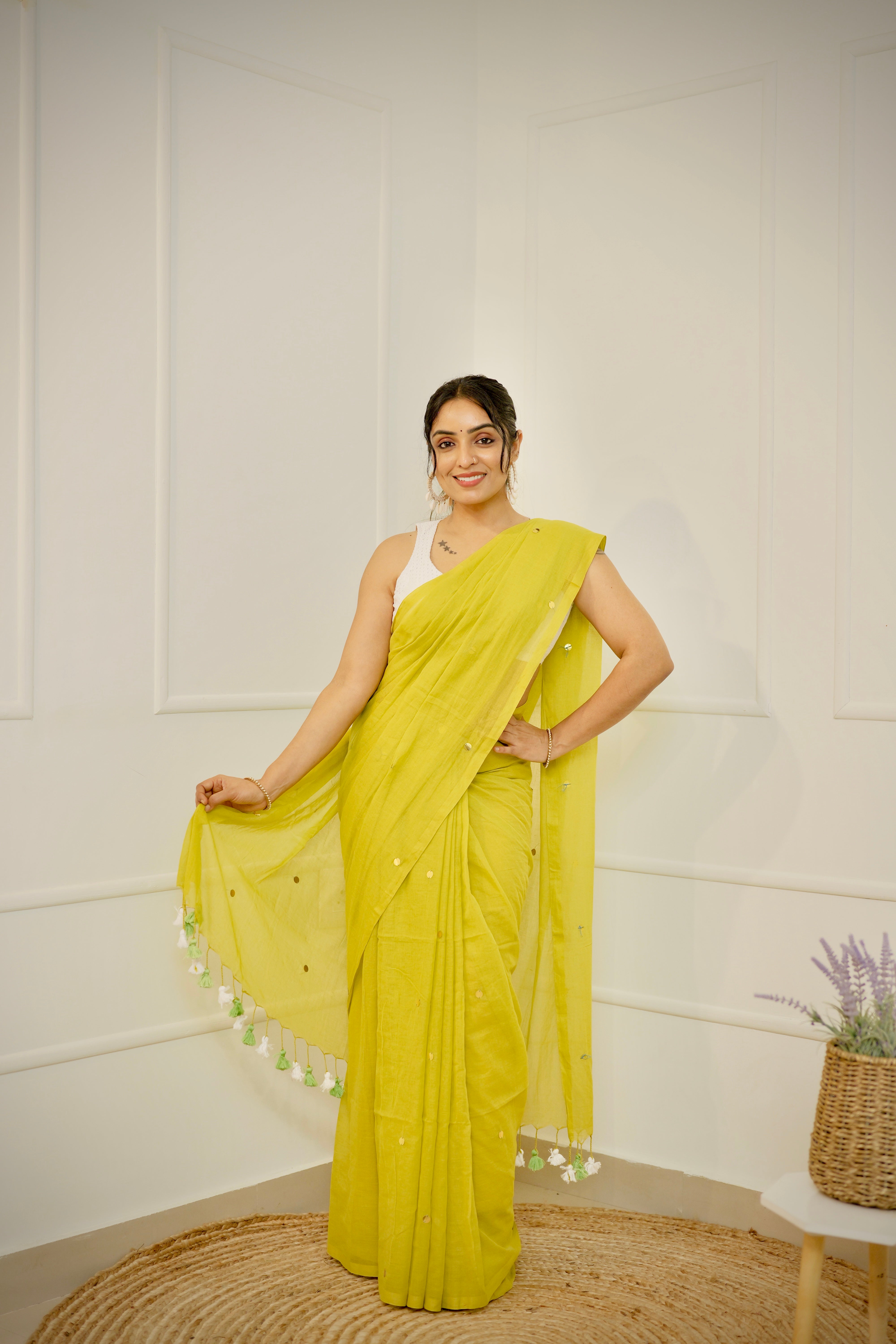 Vanalata – Warm Green Mul Cotton Saree with Round Sequins