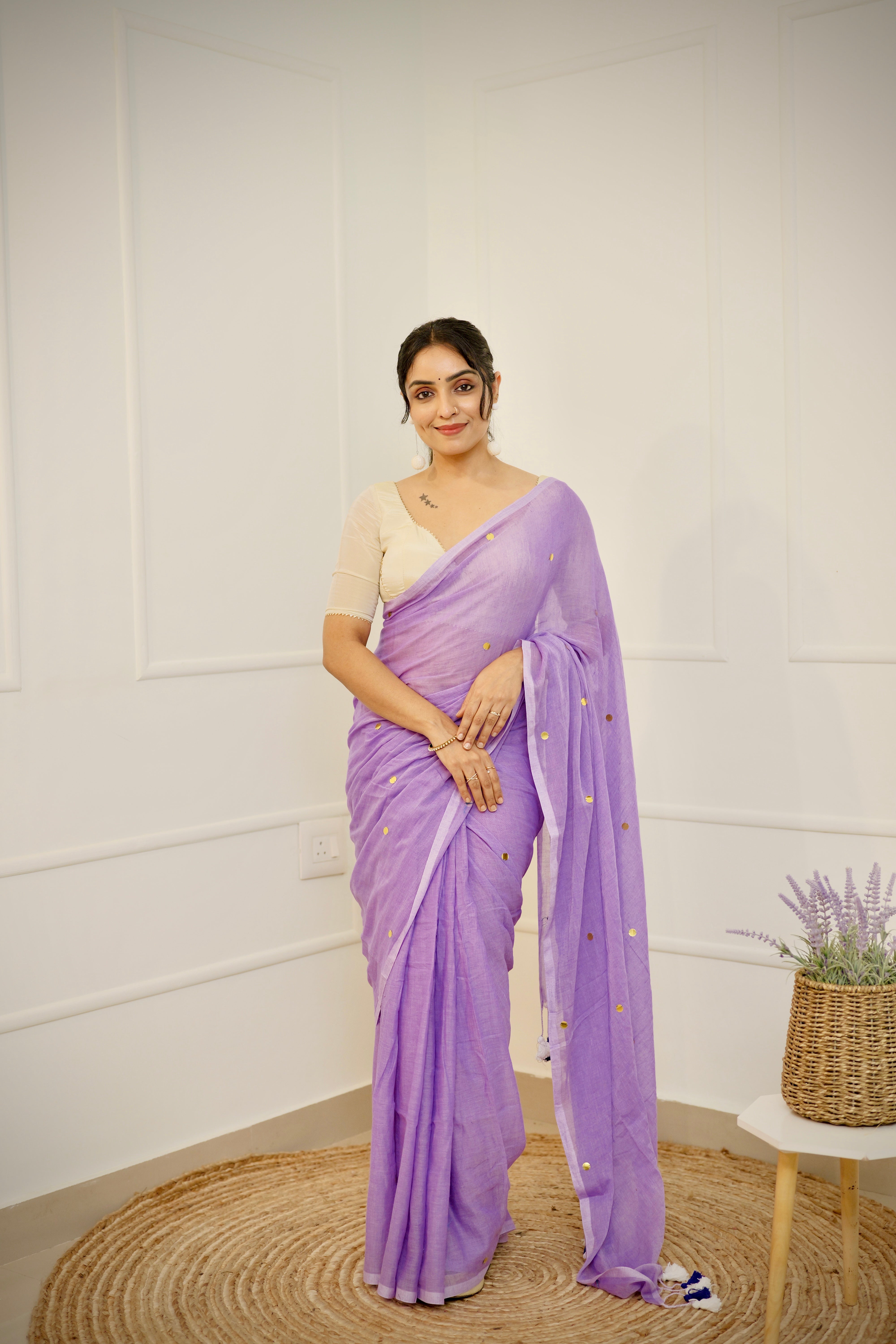 Lavanya – Lavender Mul Cotton Saree with Round Sequins